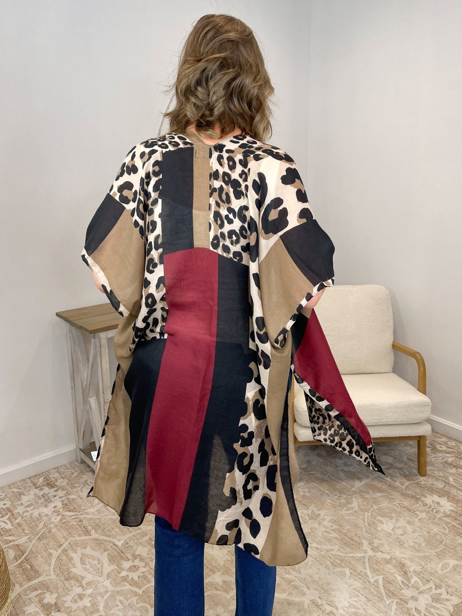 Leopard Patchwork Kimono Duster in Burgundy & Black - Lavender HillsOrigami