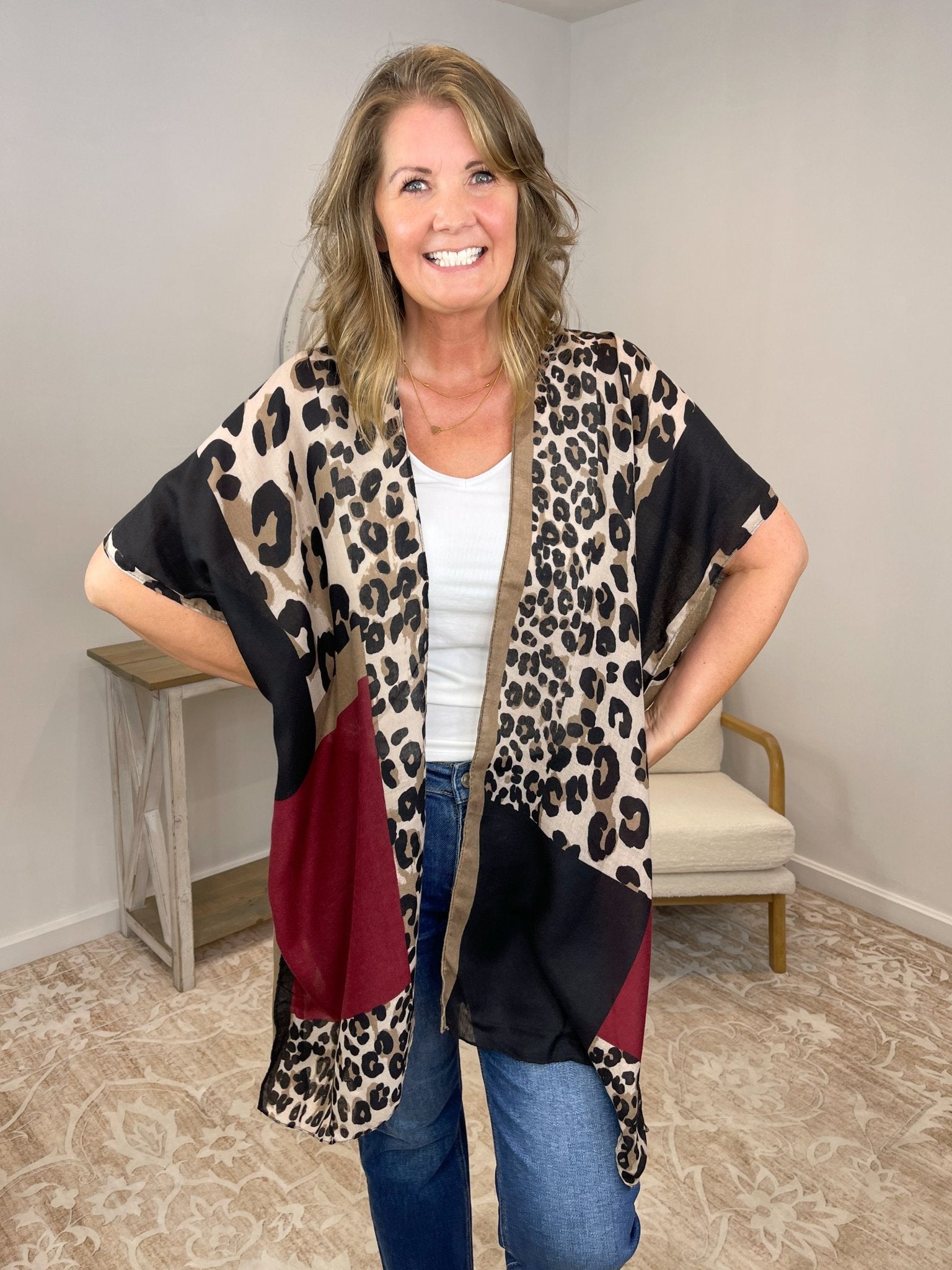 Leopard Patchwork Kimono Duster in Burgundy & Black - Lavender HillsOrigami