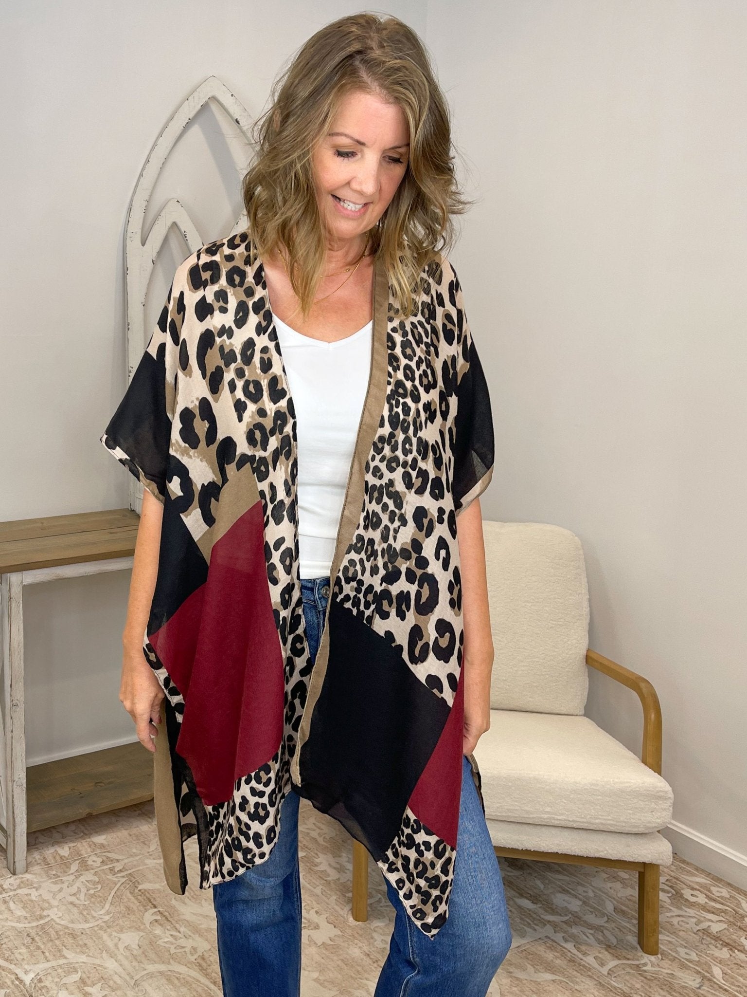 Leopard Patchwork Kimono Duster in Burgundy & Black - Lavender HillsOrigami