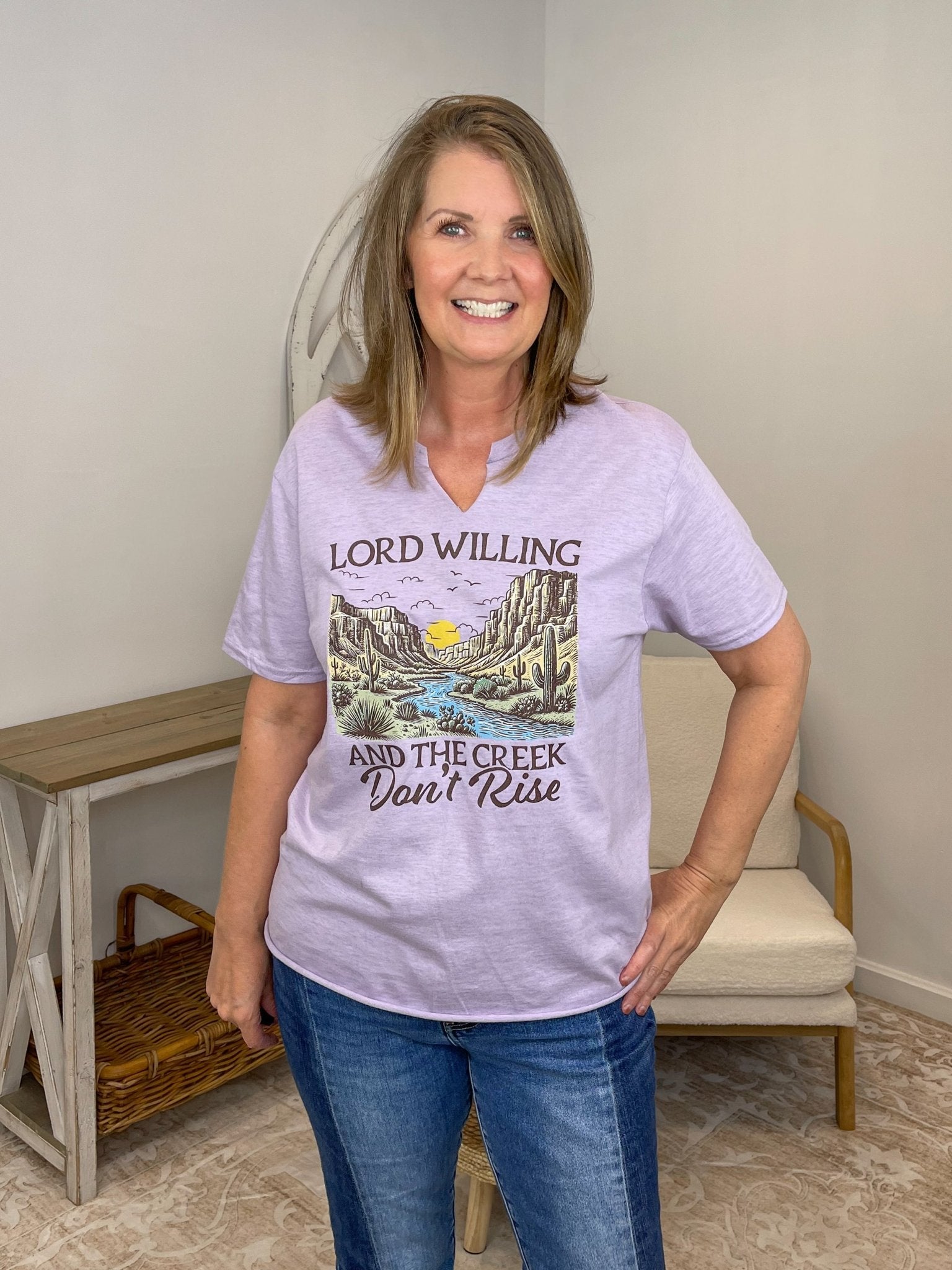 "Lord Willing and the Creek Don't Rise" Christian Graphic Tee - Lavender HillsTallulah Bee ApparelLRDCRE-S