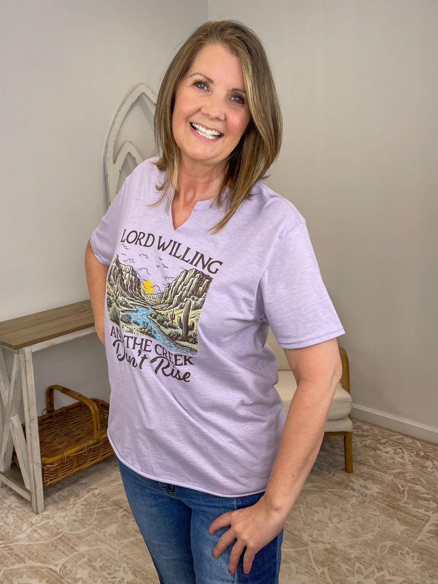 "Lord Willing and the Creek Don't Rise" Christian Graphic Tee - Lavender HillsTallulah Bee ApparelLRDCRE-S