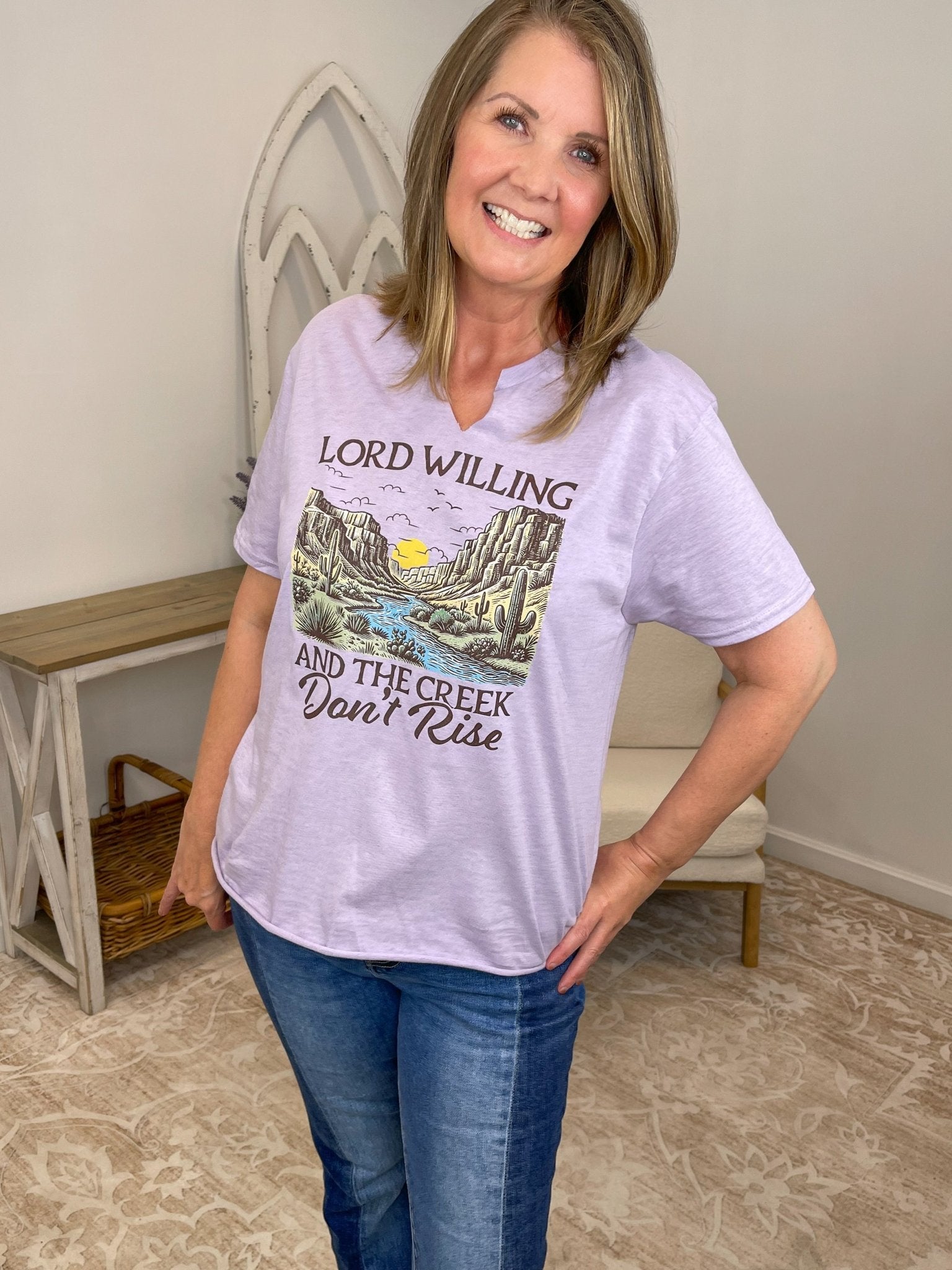 "Lord Willing and the Creek Don't Rise" Christian Graphic Tee - Lavender HillsTallulah Bee ApparelLRDCRE-S