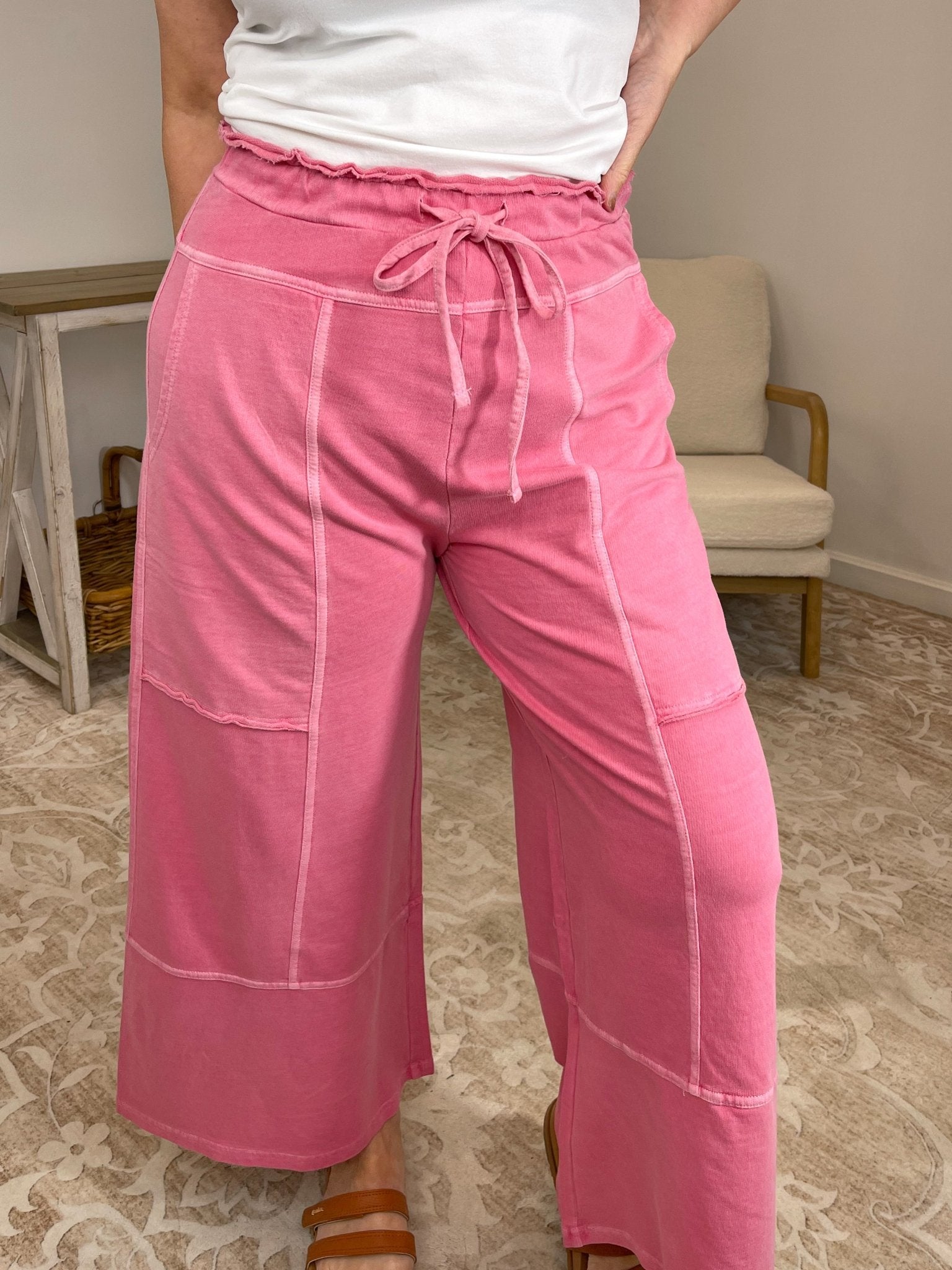 Low-Key Cropped Wide Leg Exposed Seam Wide Leg Lounge Pants - Lavender HillsZenanaTPW-5355Y-LTOLV-S