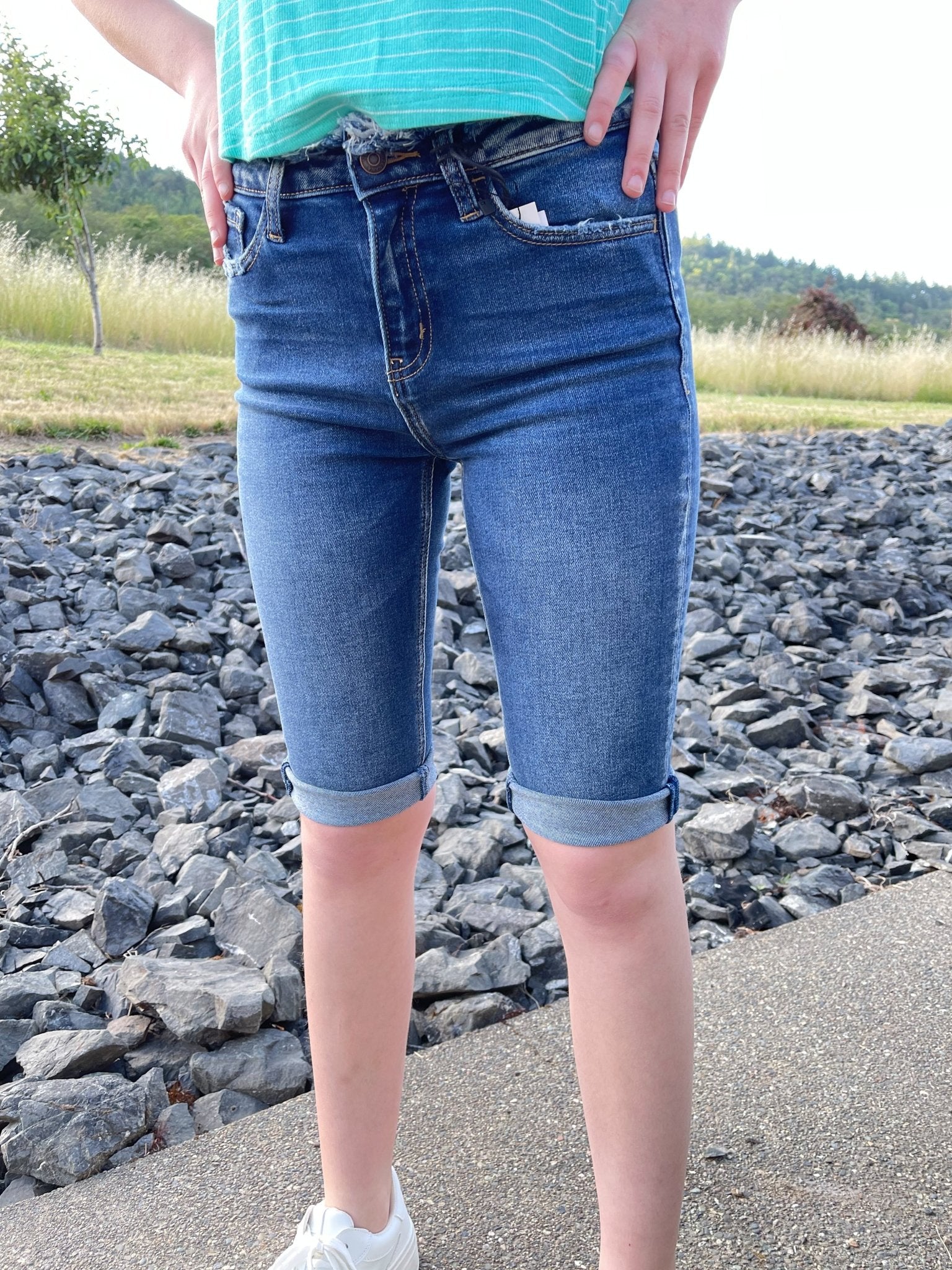 Mid - Rise Frayed Waist Bermuda Shorts - Lavender HillsZenanaDOP-1648DD-4