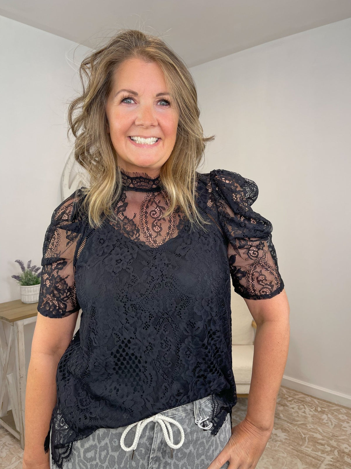 Midnight Romance Black High Neck Lace Blouse with Puff Sleeves - Lavender HillsSweet Lovely by JenSW289-BLK-S