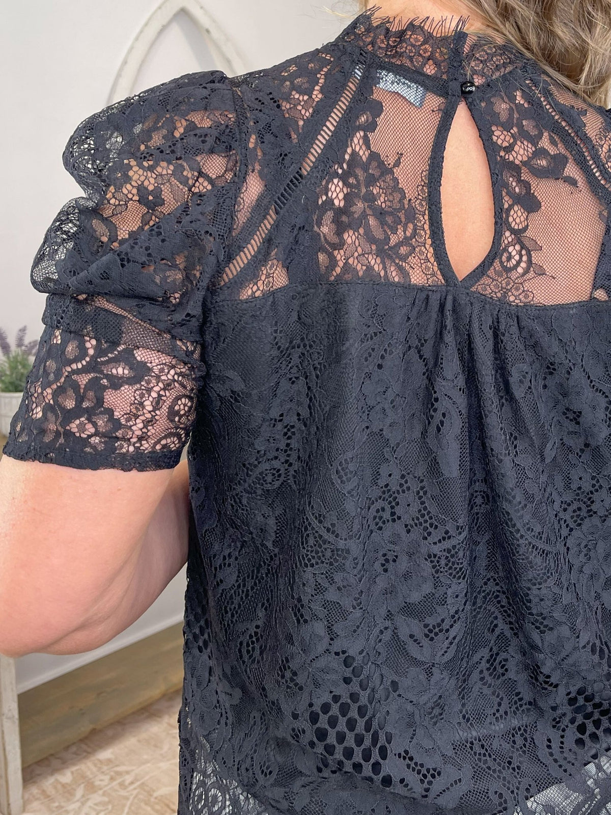 Midnight Romance Black High Neck Lace Blouse with Puff Sleeves - Lavender HillsSweet Lovely by JenSW289-BLK-S