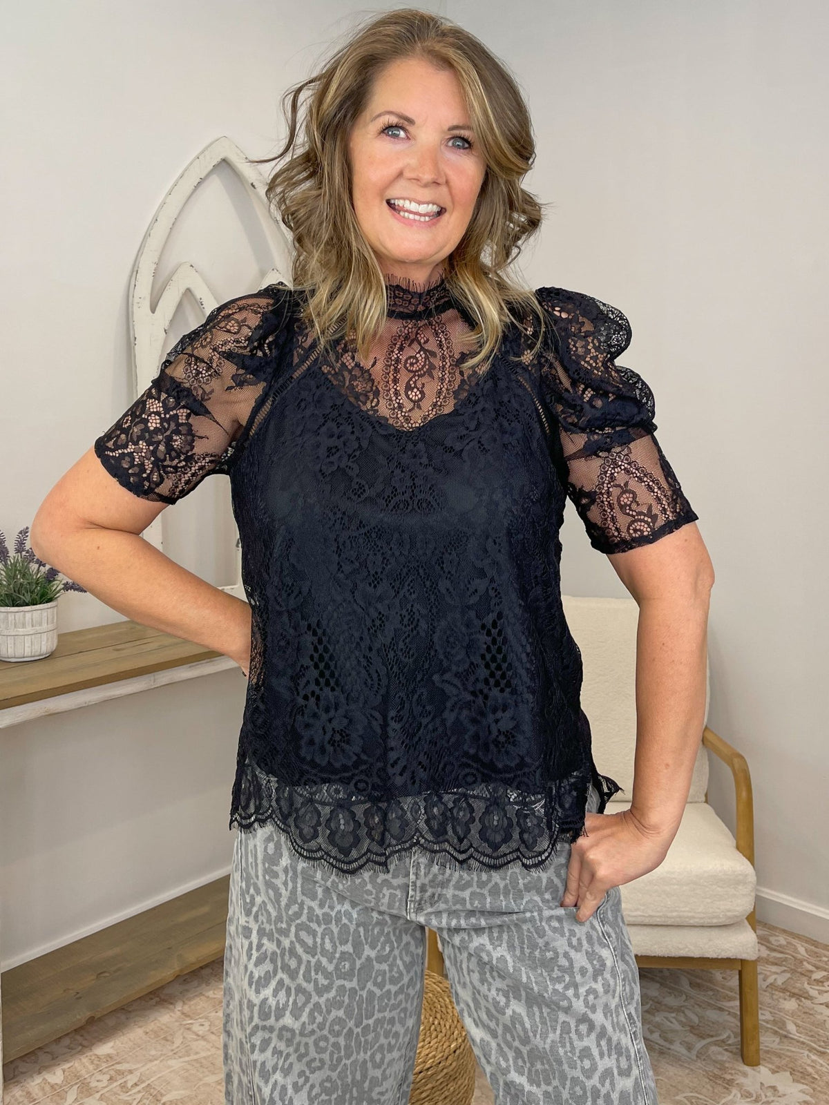 Midnight Romance Black High Neck Lace Blouse with Puff Sleeves - Lavender HillsSweet Lovely by JenSW289-BLK-S