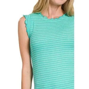 Mint Ribbed Ruffle Trim Sleeveless Stripe Top - Lavender HillsZenanaRRT-8529Y-MNT-S