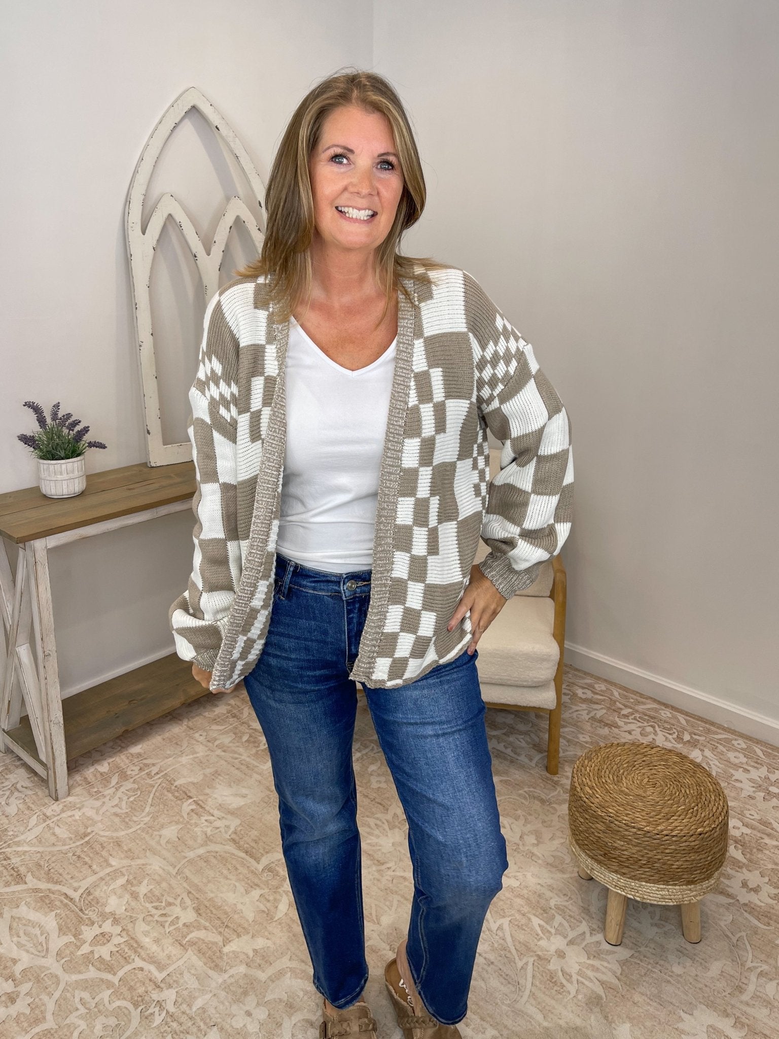 Mocha Checkered Knit Cardigan – Relaxed Open Front Sweater - Lavender HillsSweet Lovely by JenSW1528-MCA-S