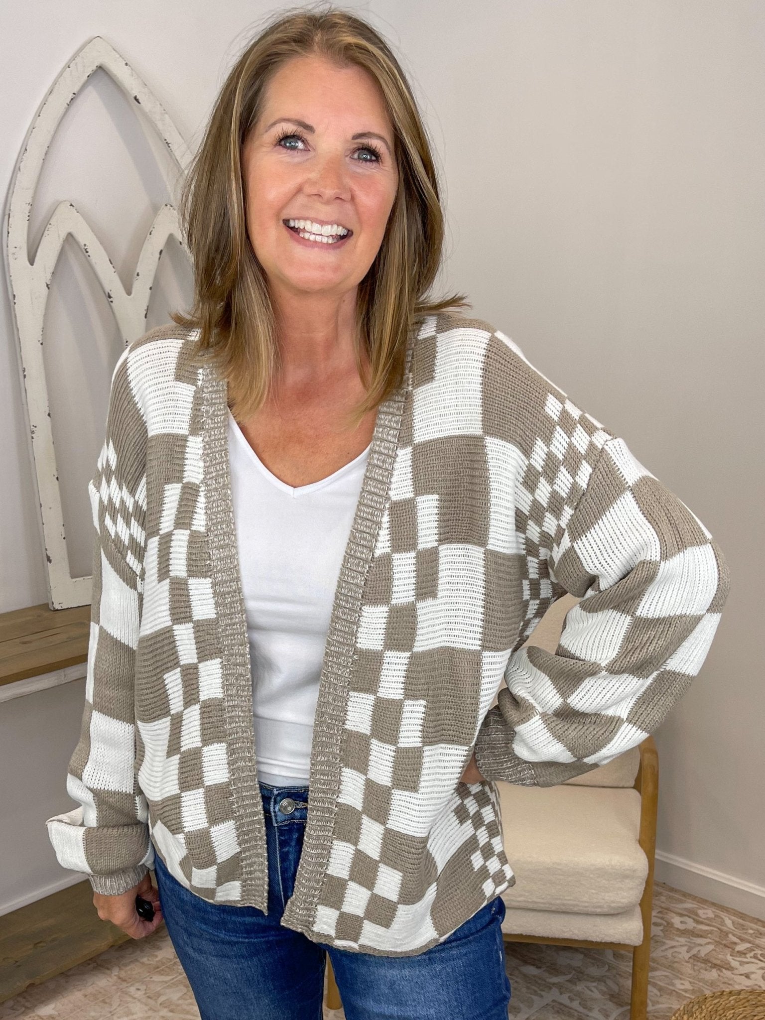 Mocha Checkered Knit Cardigan – Relaxed Open Front Sweater - Lavender HillsSweet Lovely by JenSW1528-MCA-S