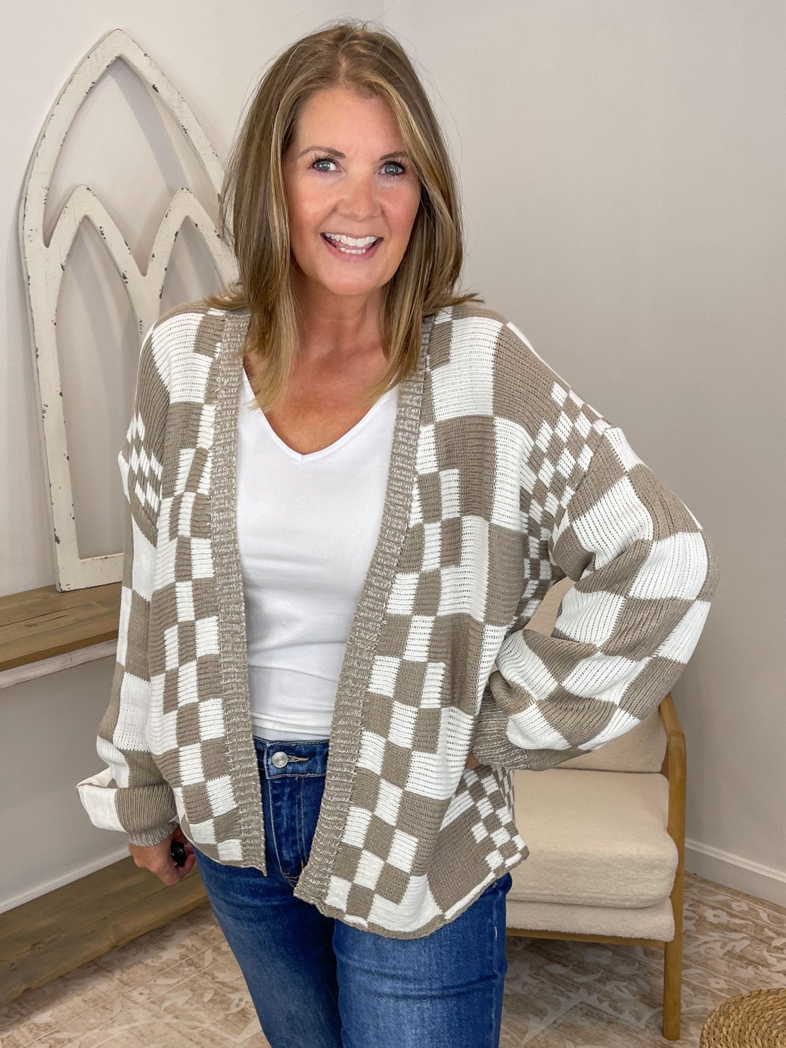 Mocha Checkered Knit Cardigan – Relaxed Open Front Sweater - Lavender HillsSweet Lovely by JenSW1528-MCA-S