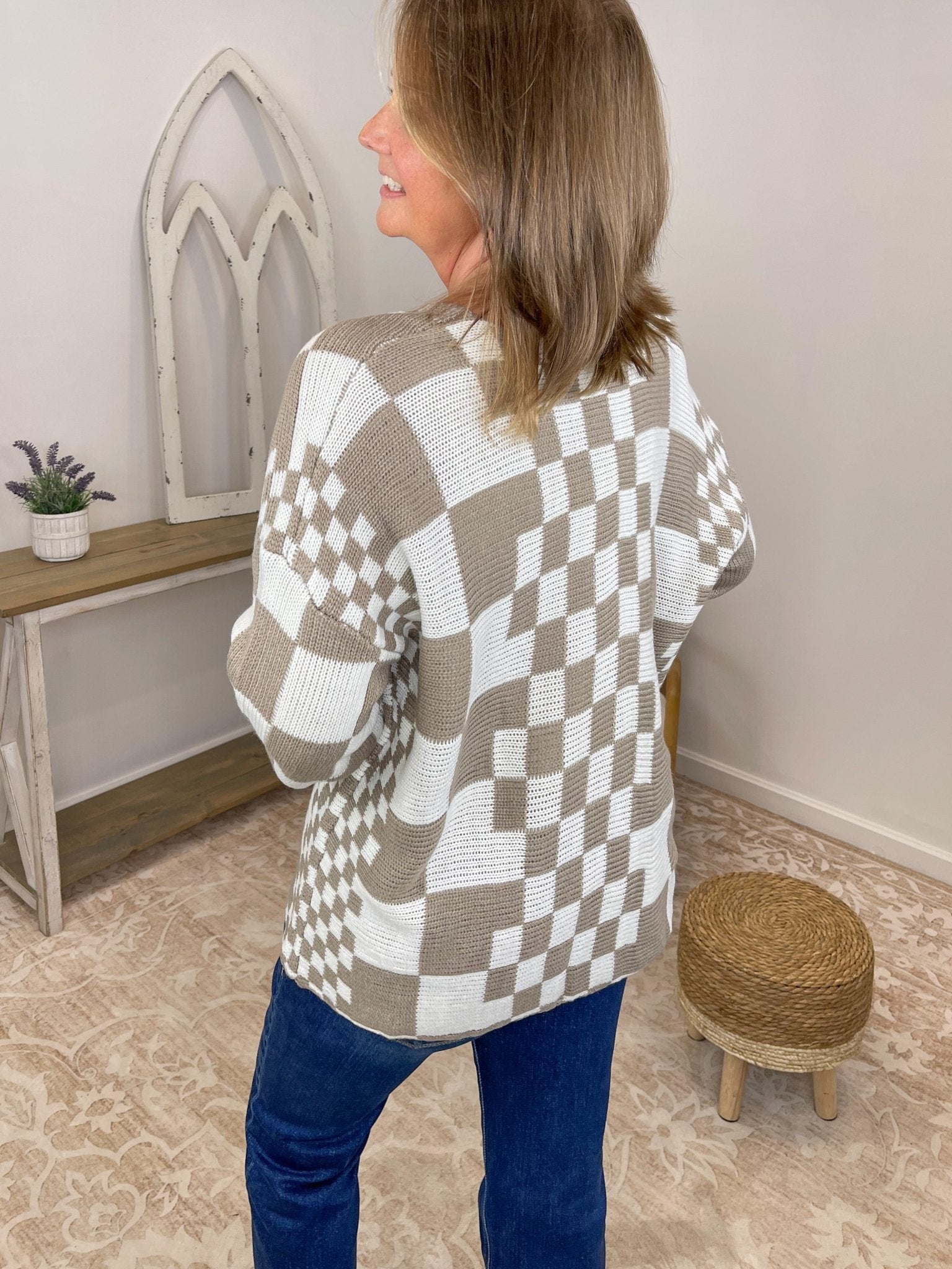Mocha Checkered Knit Cardigan – Relaxed Open Front Sweater - Lavender HillsSweet Lovely by JenSW1528-MCA-S