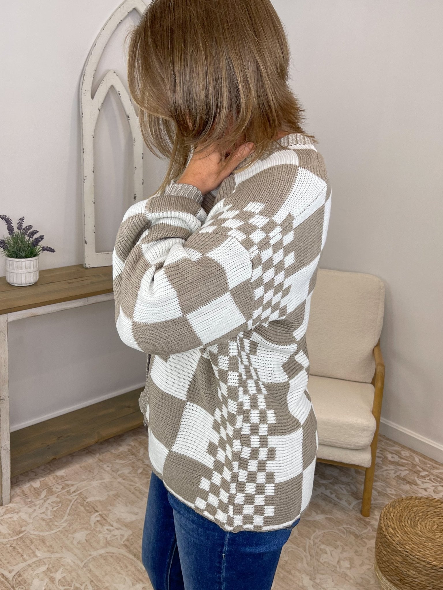 Mocha Checkered Knit Cardigan – Relaxed Open Front Sweater - Lavender HillsSweet Lovely by JenSW1528-MCA-S