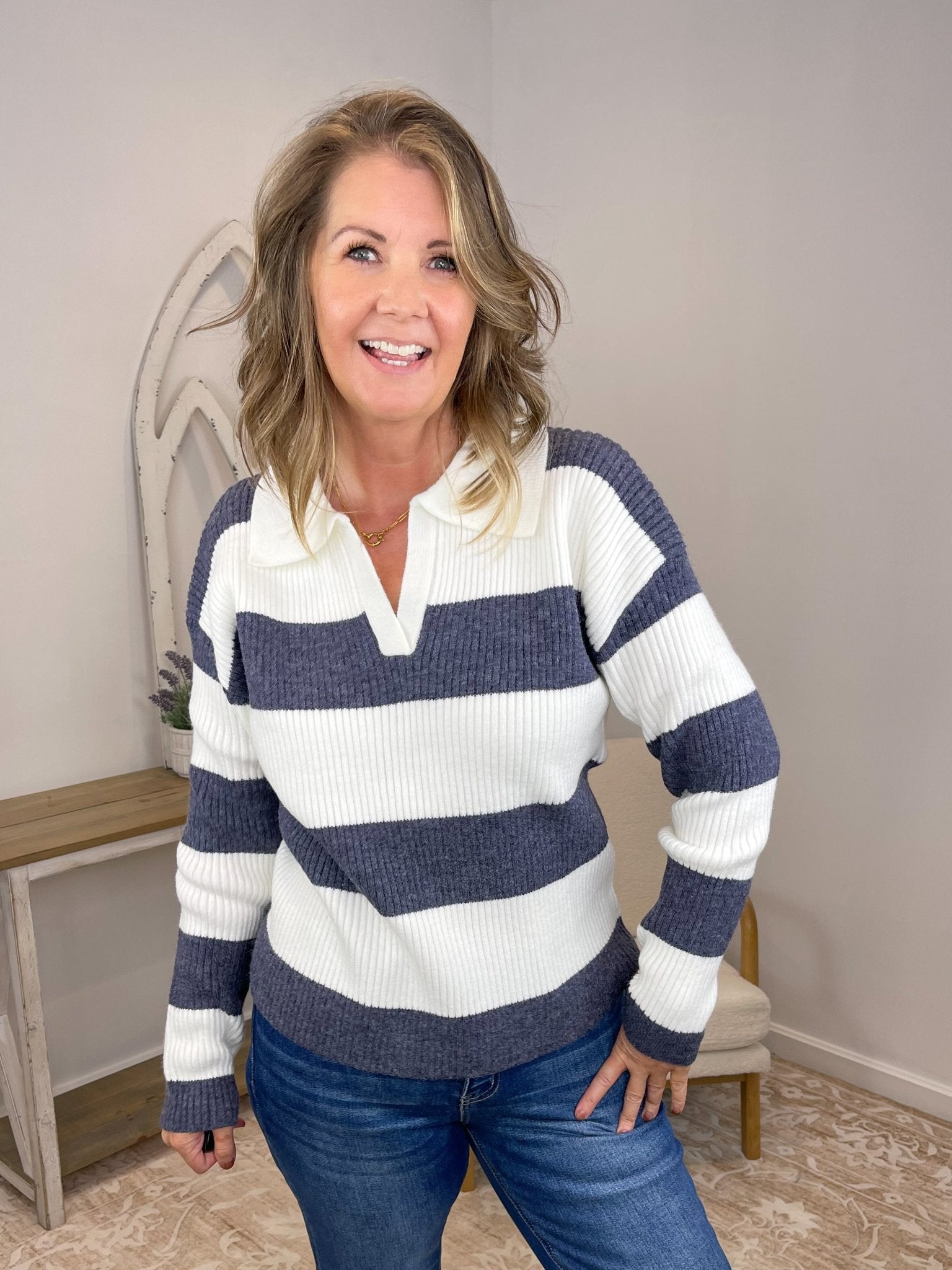 Striped Collared Polo Sweater - Lavender HillsZenanaTW-2791Y-MDN-S