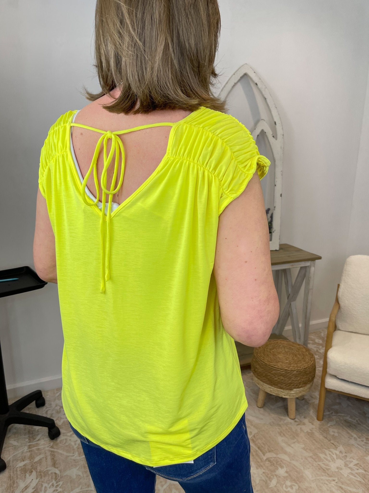 Neon Yellow Ruched Cap Sleeve Top - Wrinkle - Free Bulgari Knit - Lavender HillsDear ScarlettRCH-C0001-S