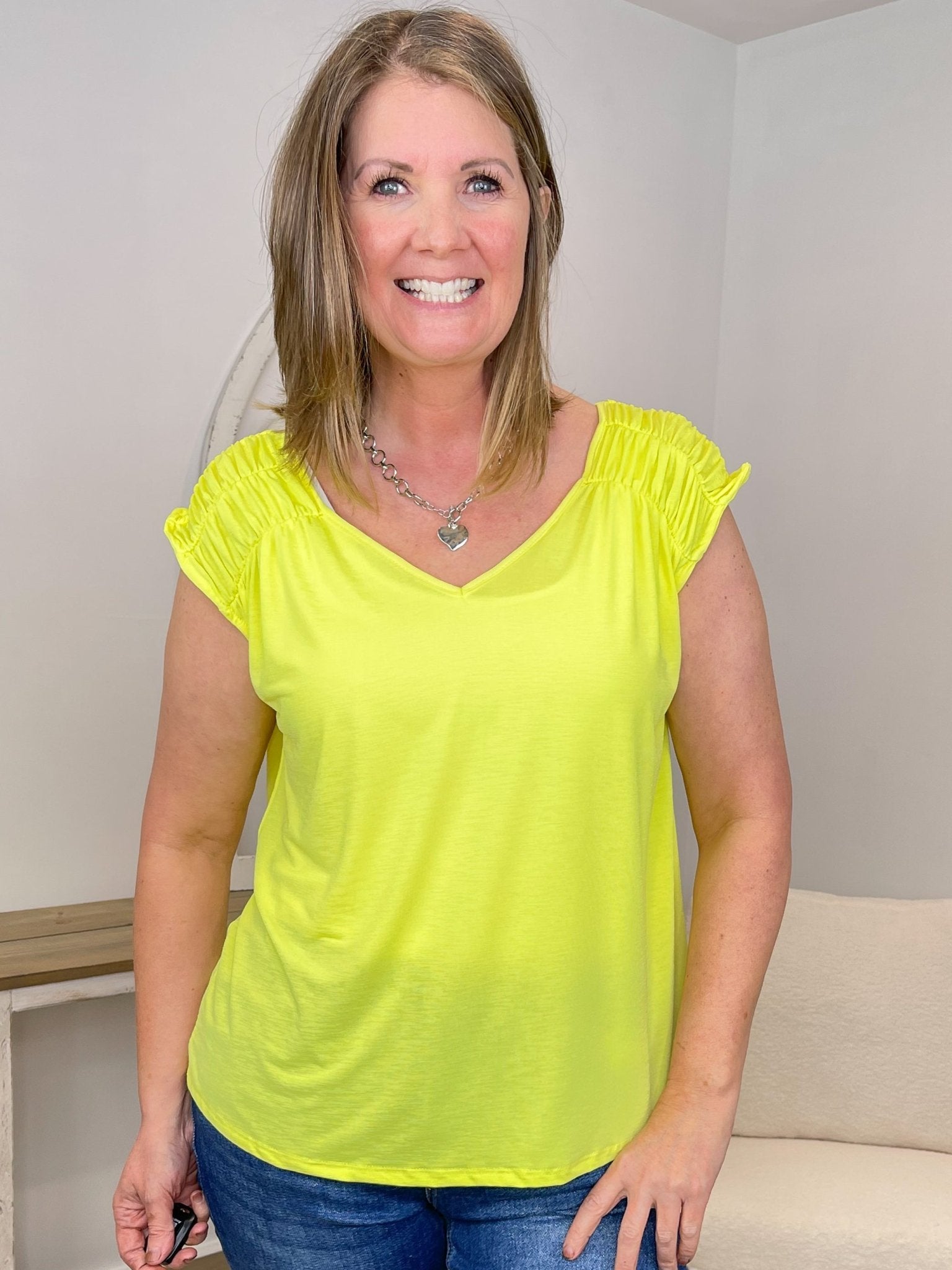 Neon Yellow Ruched Cap Sleeve Top - Wrinkle - Free Bulgari Knit - Lavender HillsDear ScarlettRCH-C0001-S