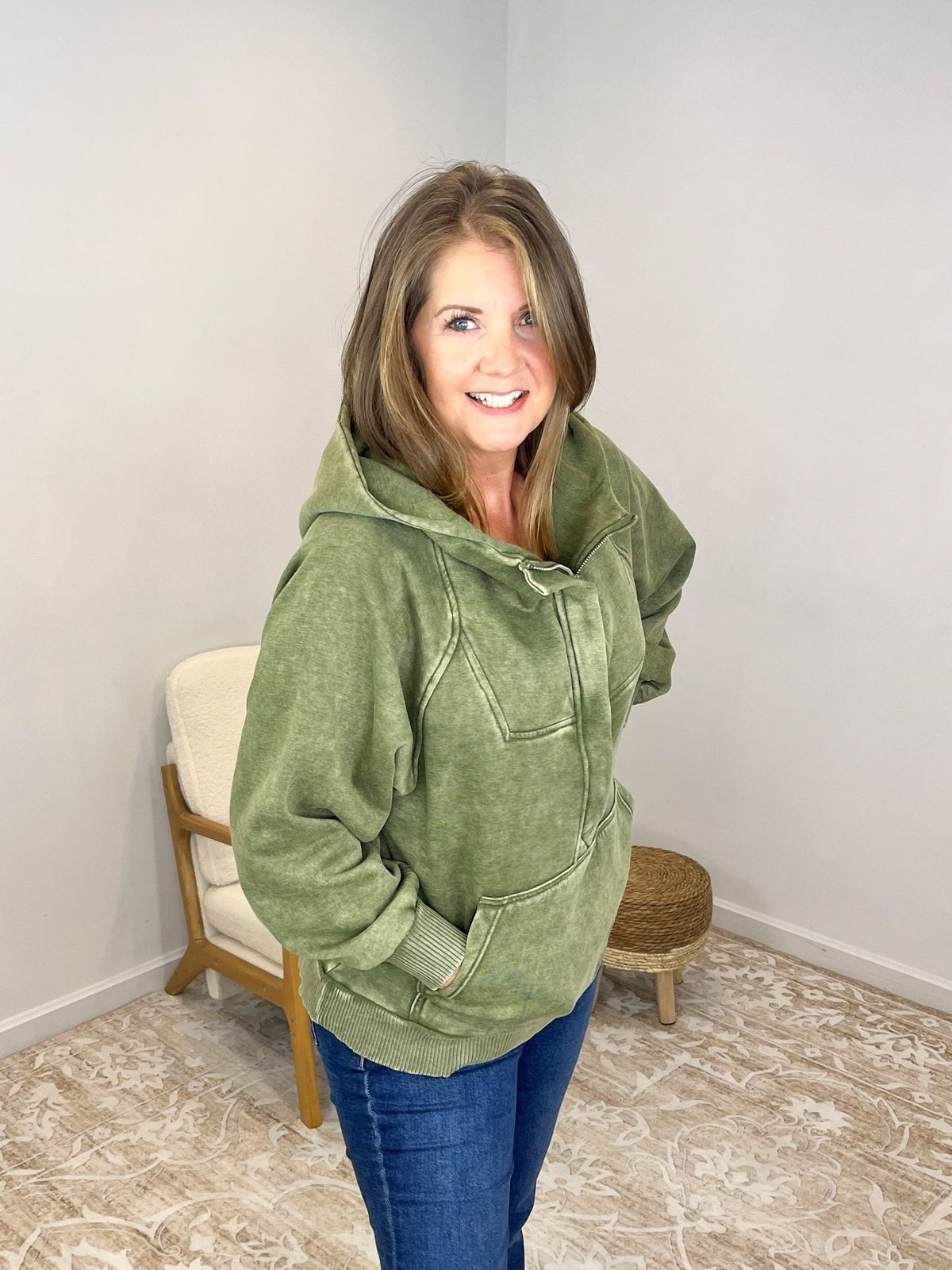 Acid Wash Quarter Zip Fleece Hoodie Pullover Sweatshirt - Olive - Lavender Hills BeautyZenanaOTW - 4557Y - LOLV - S