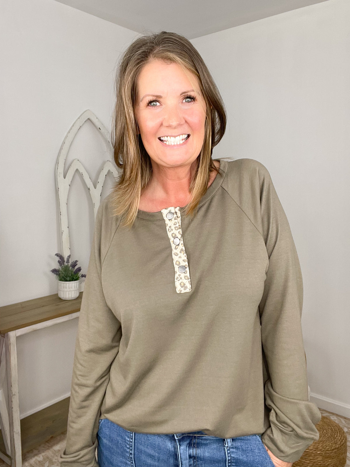 Olive Raglan Henley- Cheetah Print Accent Top