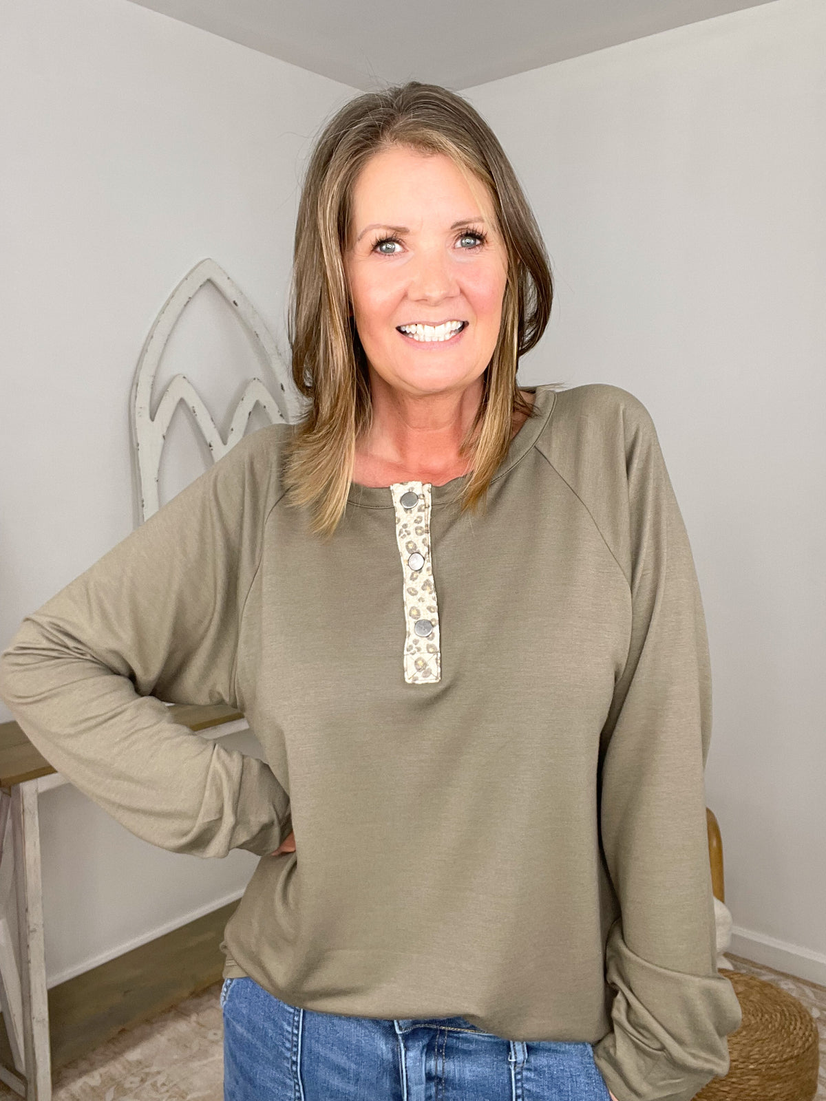 Olive Raglan Henley- Cheetah Print Accent Top