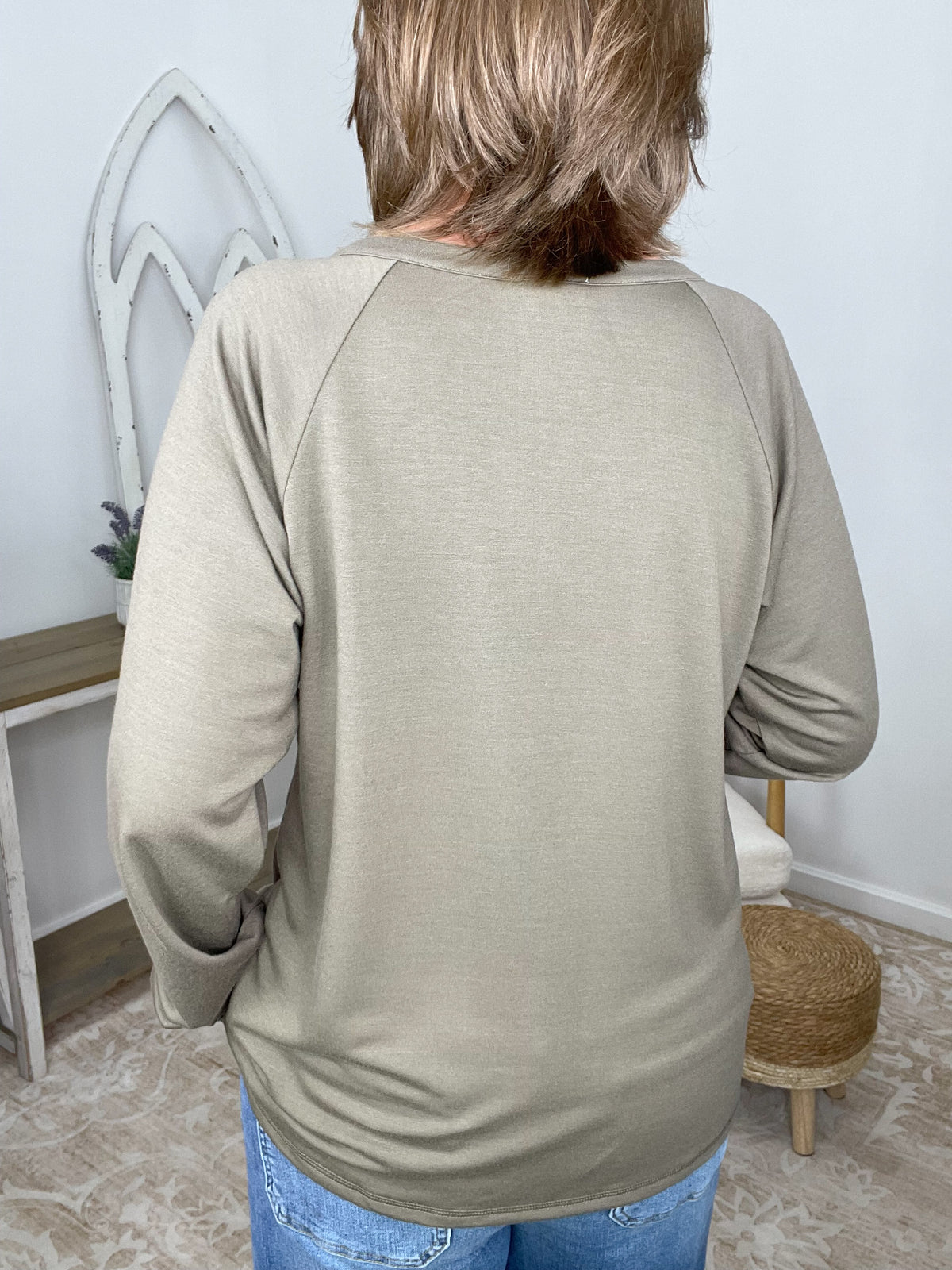 Olive Raglan Henley- Cheetah Print Accent Top