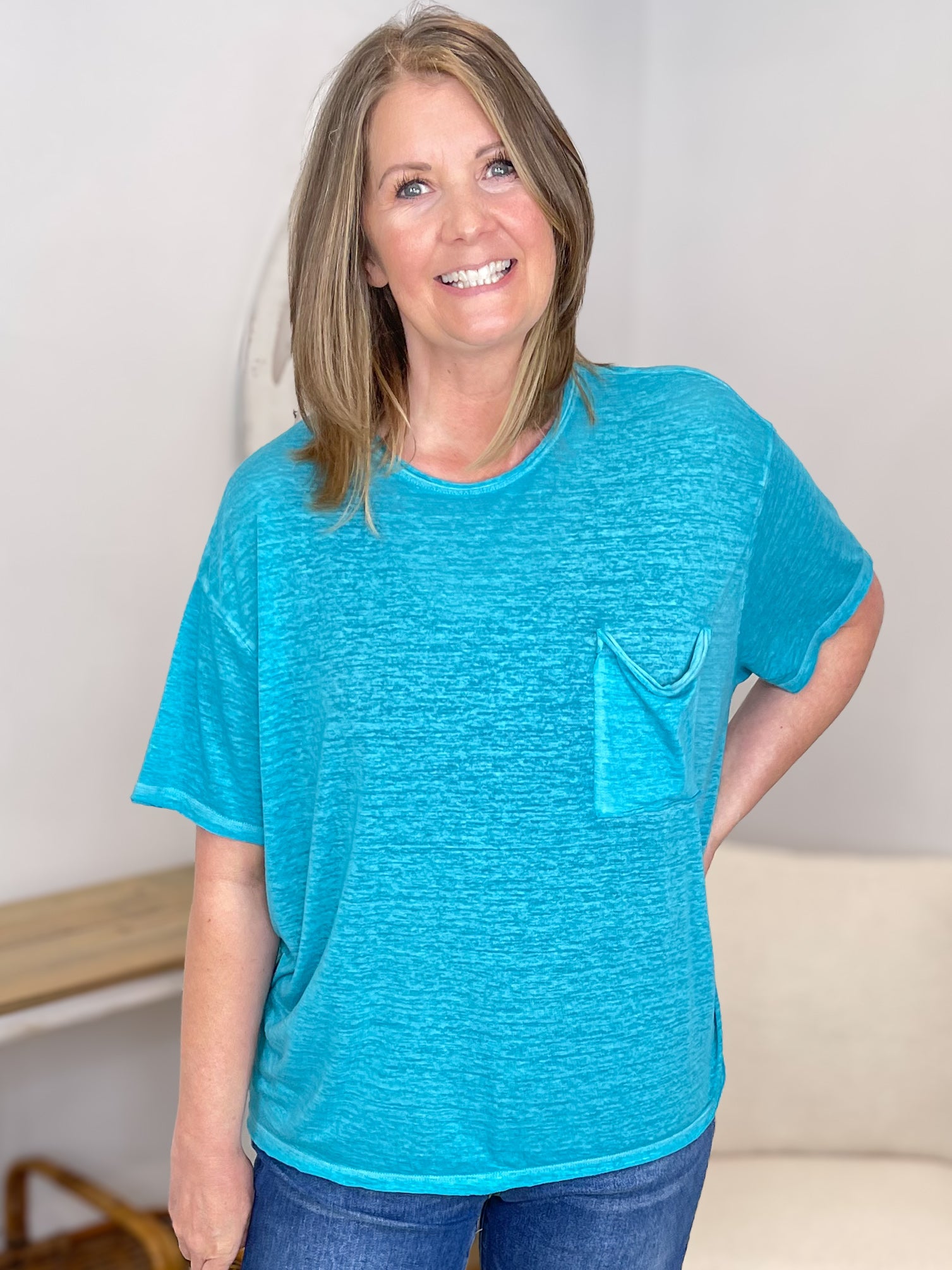 Oversized Teal Burnout Pocket Tee - Lavender HillsZenanaCTW-3144-TEL-SM
