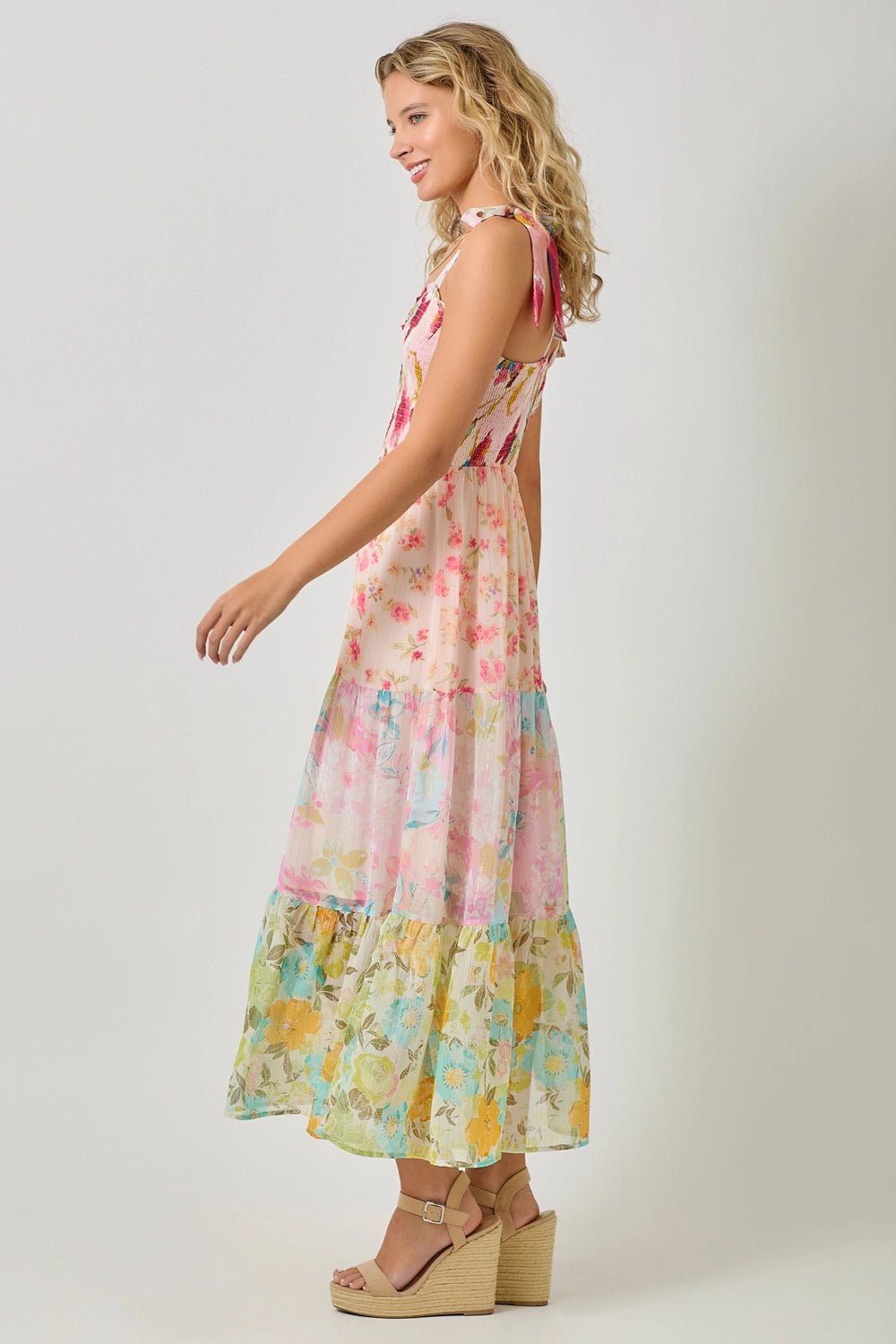Paradise Floral Mixed Tiered Maxi Dress with Gold Pin - Striping - Lavender Hills BeautyMystree61078-M