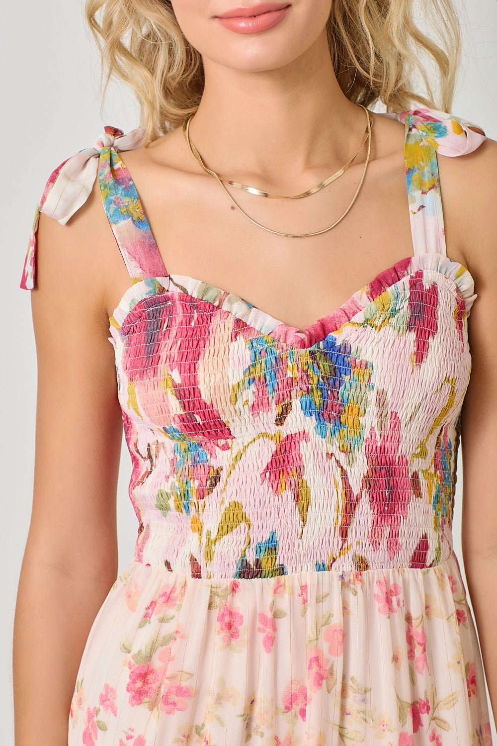 Paradise Floral Mixed Tiered Maxi Dress with Gold Pin - Striping - Lavender Hills BeautyMystree61078-M