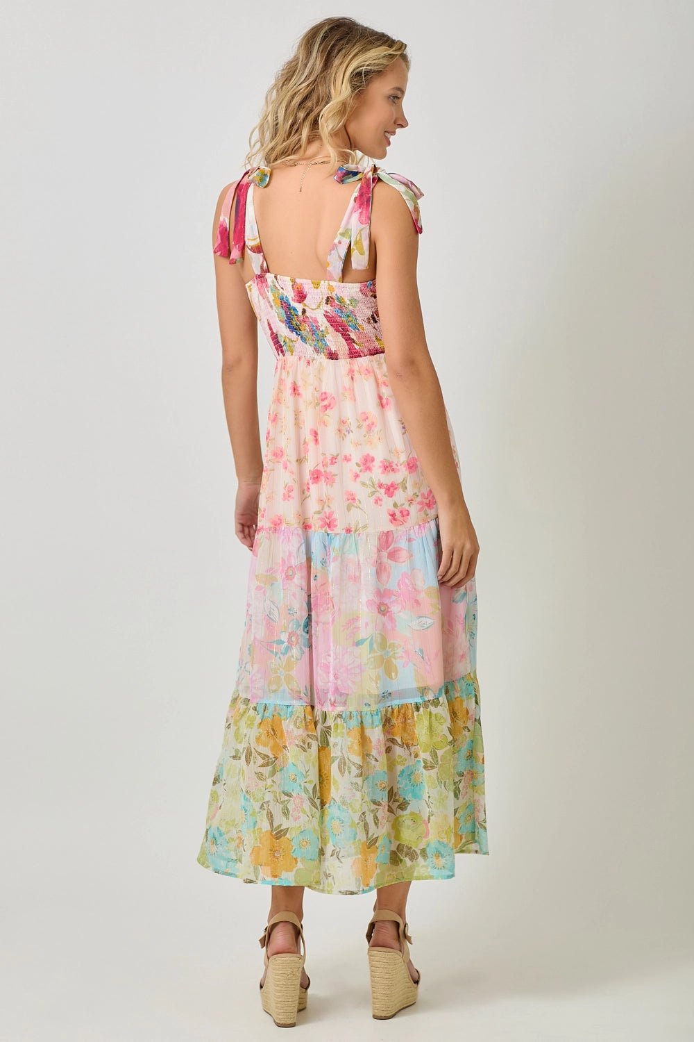 Paradise Floral Mixed Tiered Maxi Dress with Gold Pin - Striping - Lavender Hills BeautyMystree61078-M