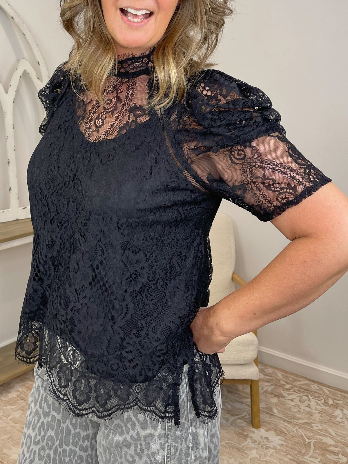 Midnight Romance Black High Neck Lace Blouse with Puff Sleeves - Lavender HillsSweet Lovely by JenSW289-BLK-S