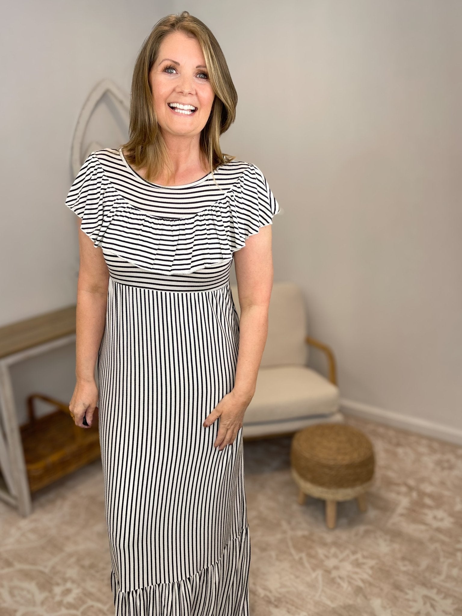 Ruffle Bib Maxi Dress with Pockets – Black & White Striped - Lavender HillsHailey & CoMHD2965-S