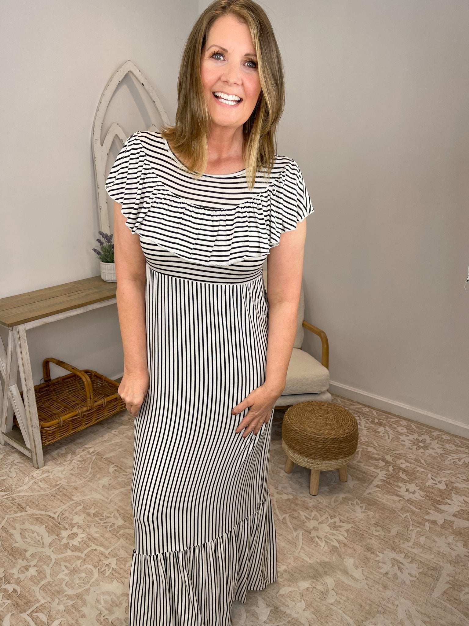 Ruffle Bib Maxi Dress with Pockets – Black & White Striped - Lavender HillsHailey & CoMHD2965-S