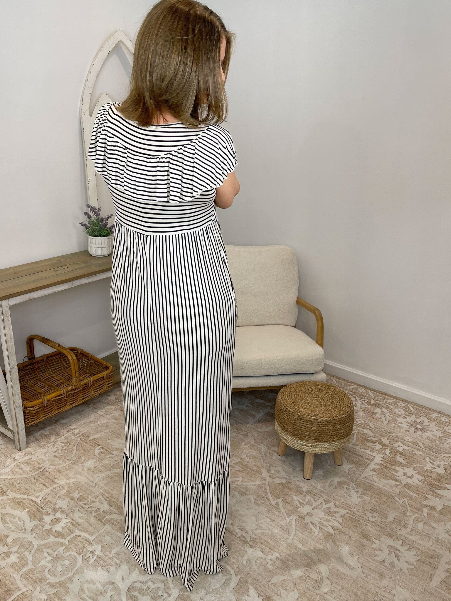 Ruffle Bib Maxi Dress with Pockets – Black & White Striped - Lavender HillsHailey & CoMHD2965-S