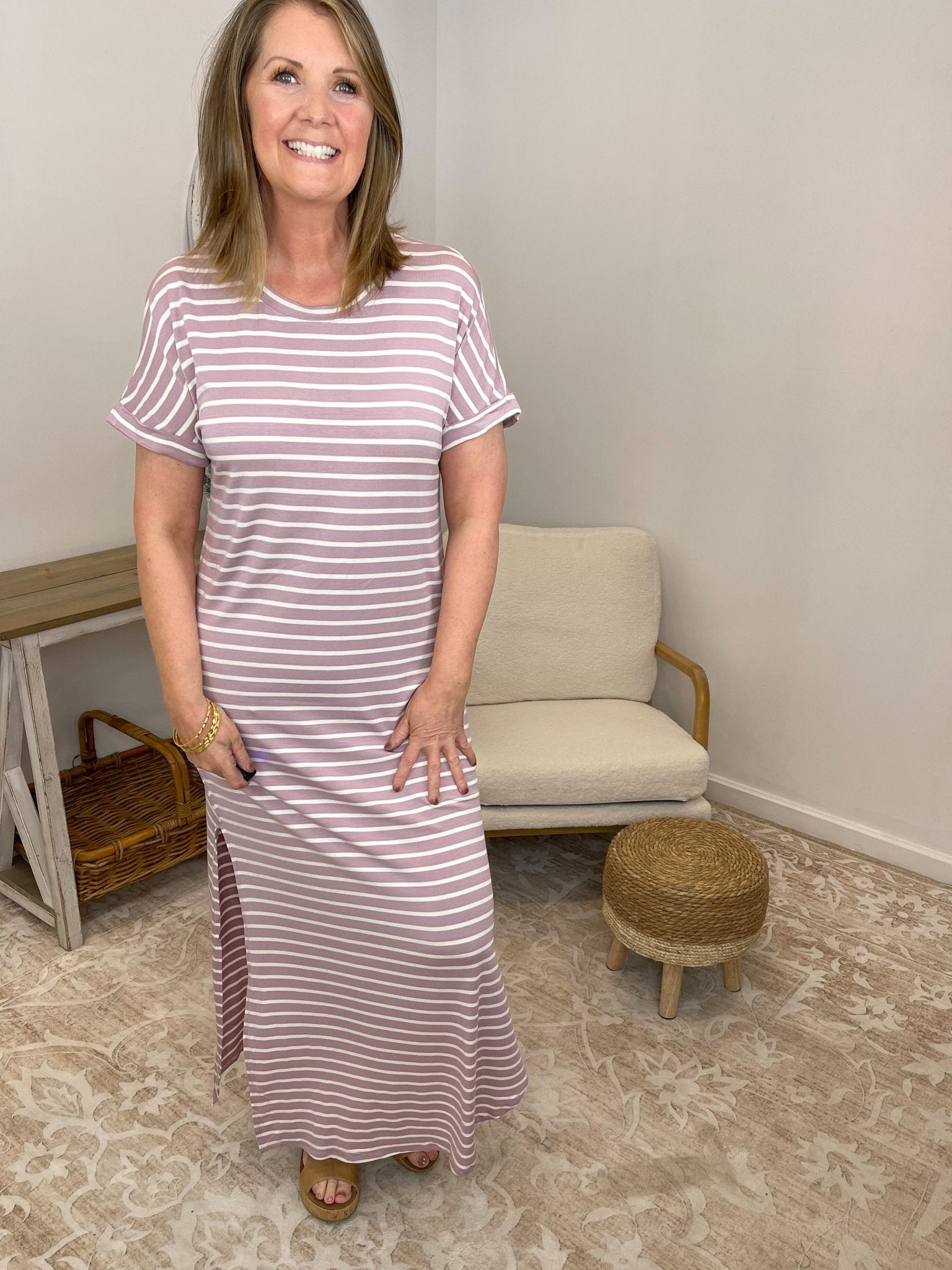 Everyday Effortless Striped T-Shirt Maxi Dress with Pockets - Lavender HillsHailey & CoMHD2887-S