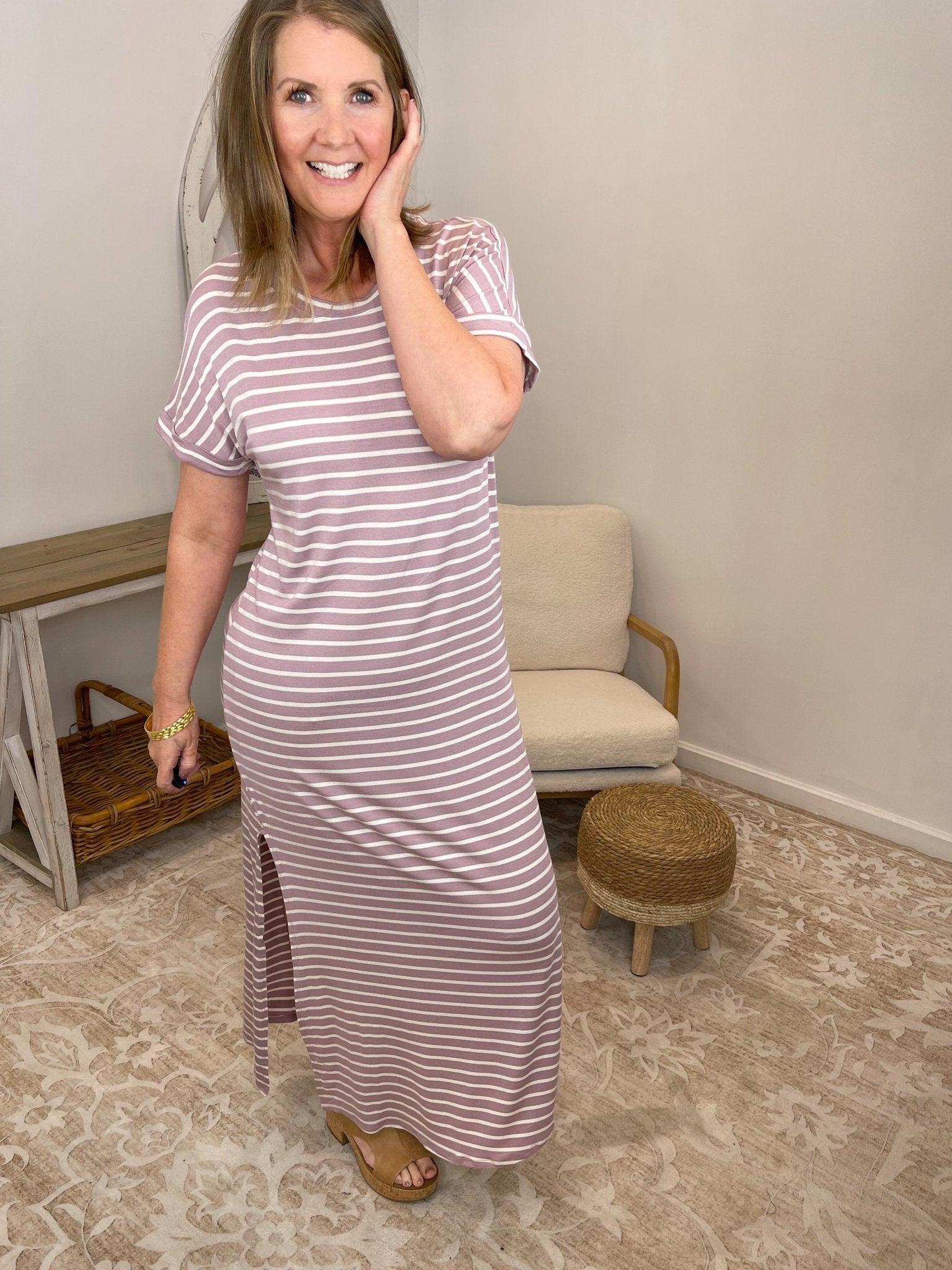 Everyday Effortless Striped T-Shirt Maxi Dress with Pockets - Lavender HillsHailey & CoMHD2887-S
