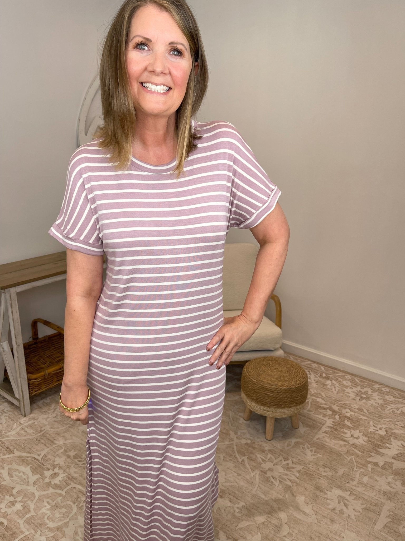 Everyday Effortless Striped T-Shirt Maxi Dress with Pockets - Lavender HillsHailey & CoMHD2887-S