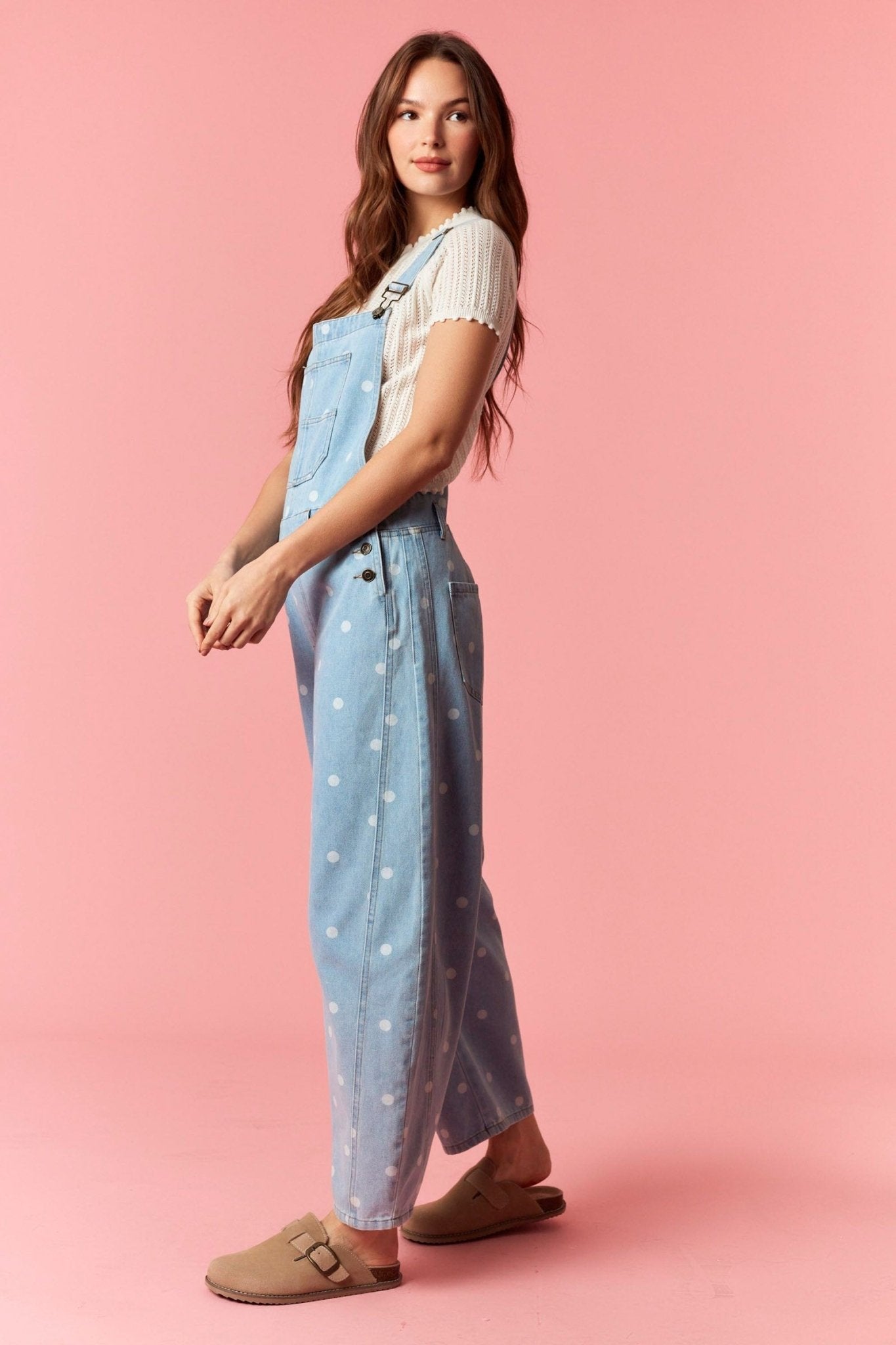 Polka Dot Washed Denim Barrel Leg Overalls - Lavender Hills BeautyPeach Love California