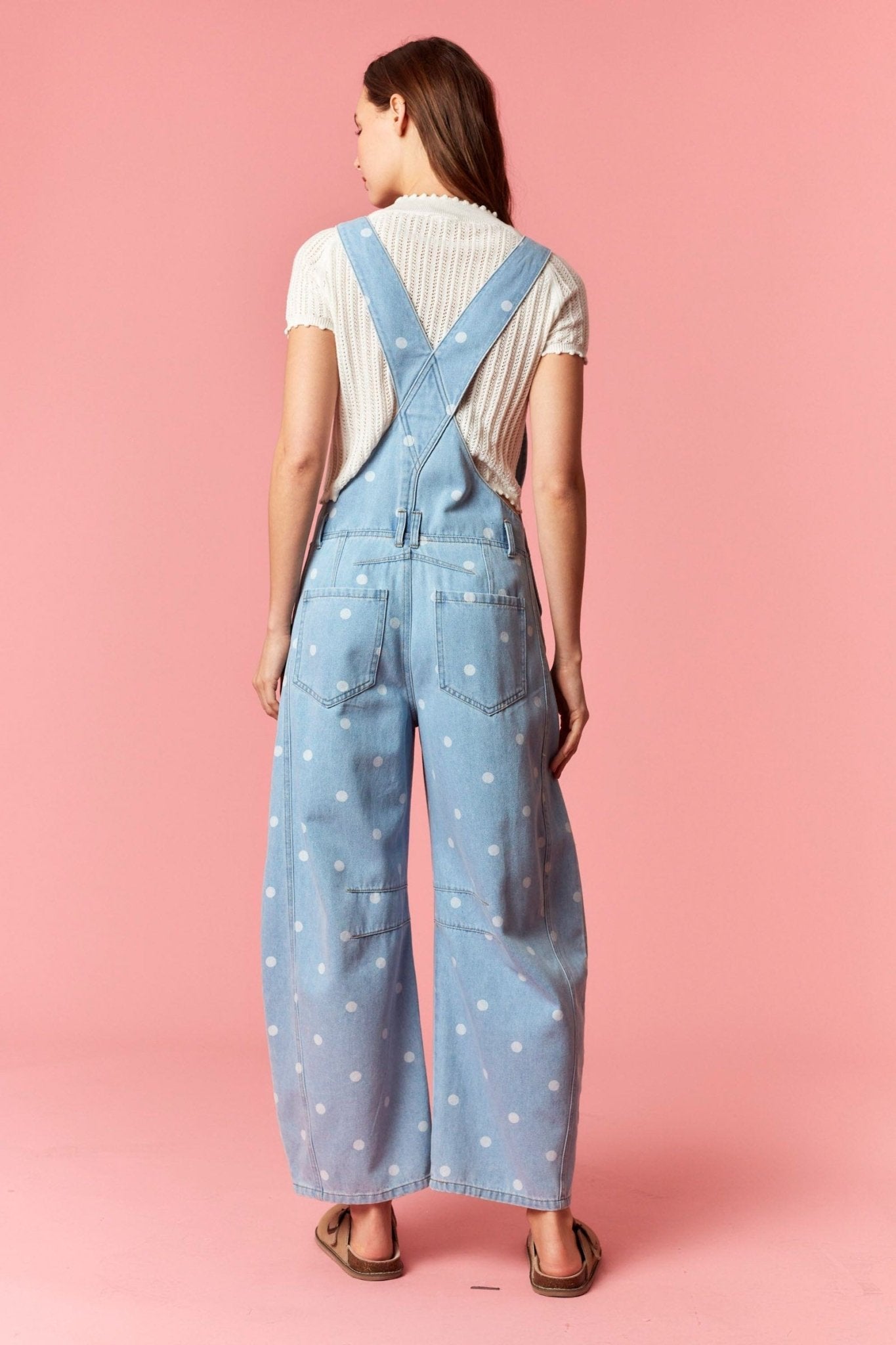 Polka Dot Washed Denim Barrel Leg Overalls - Lavender Hills BeautyPeach Love California