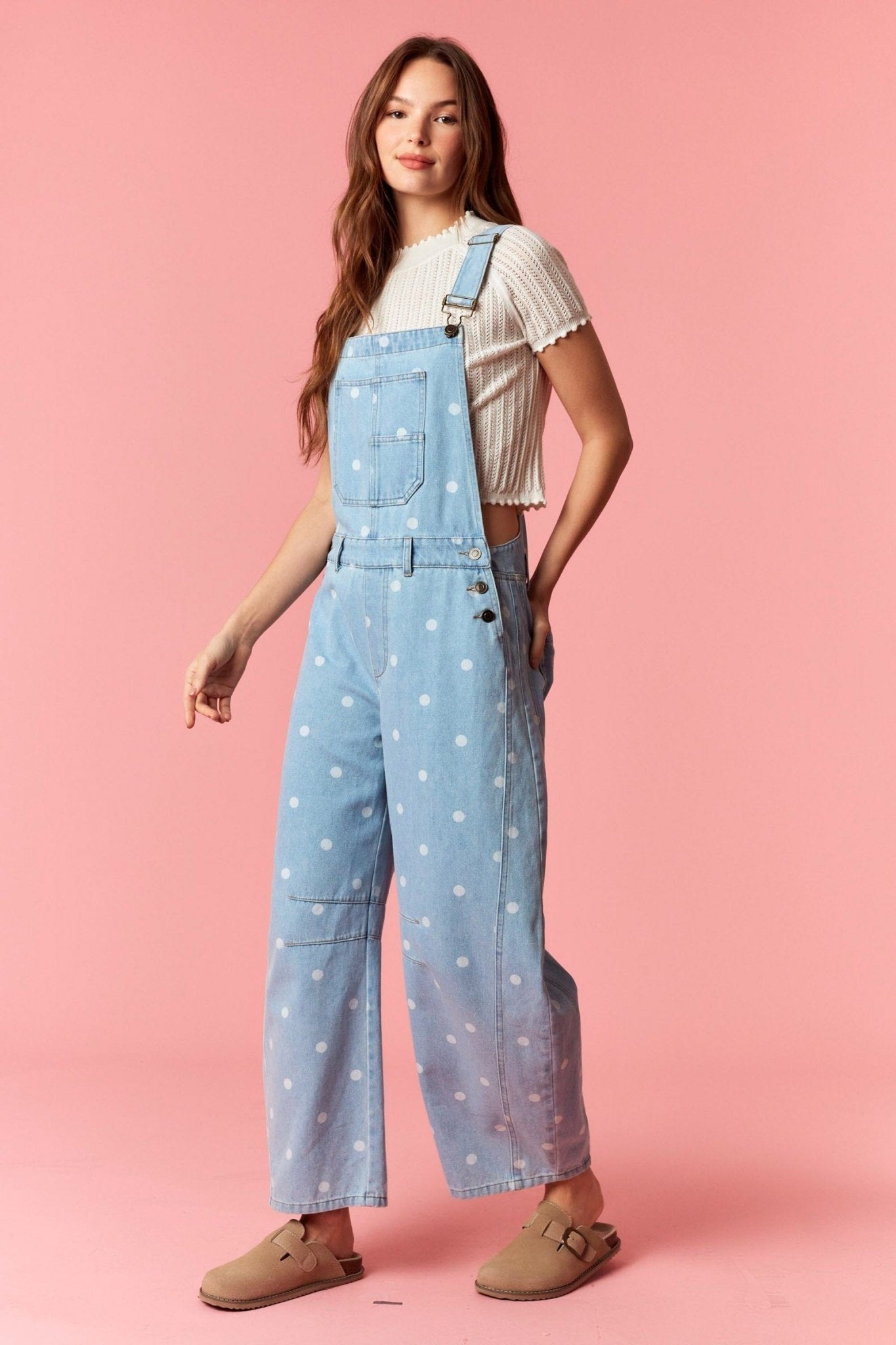 Polka Dot Washed Denim Barrel Leg Overalls - Lavender Hills BeautyPeach Love California