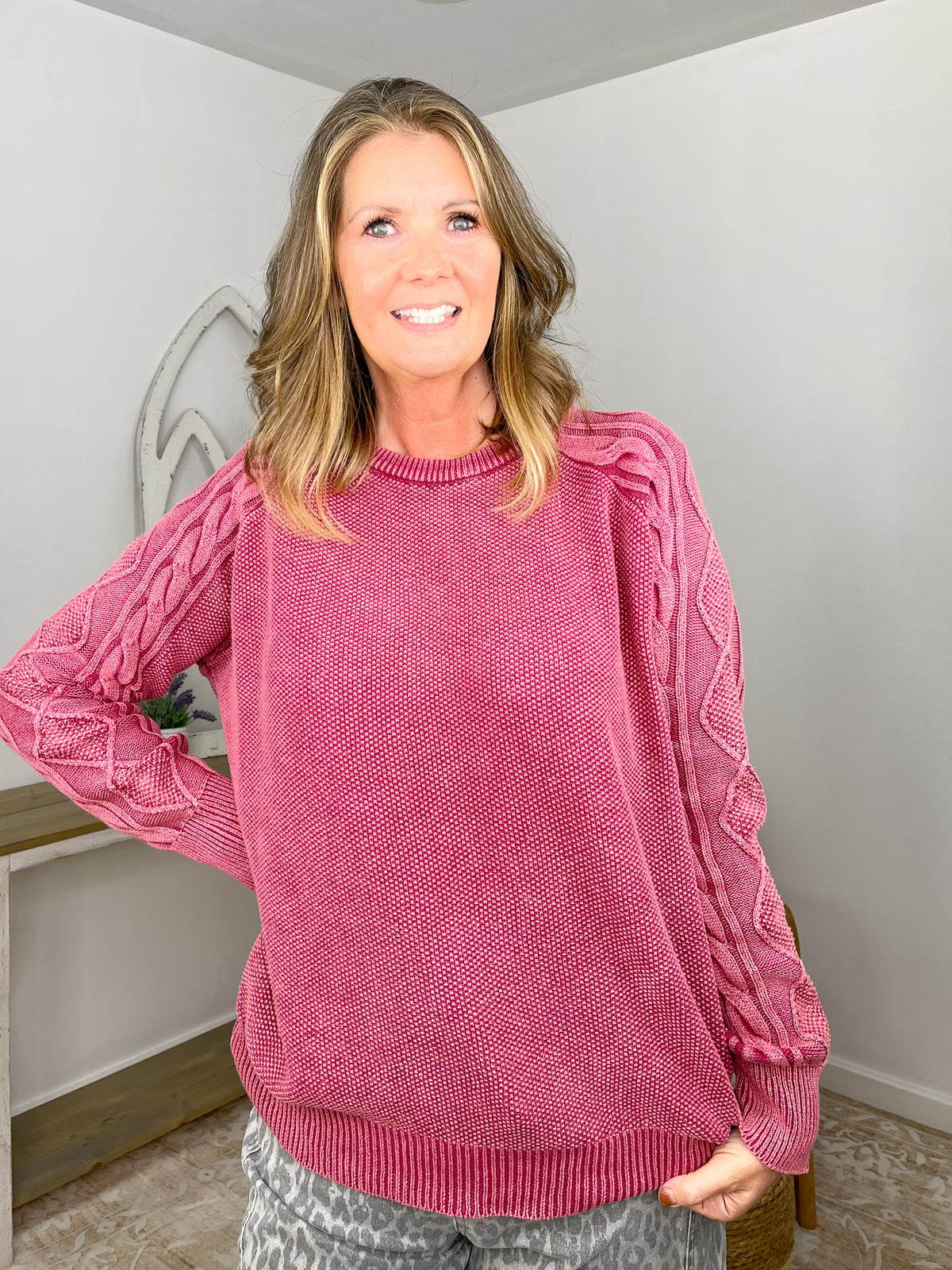 Stone Washed Cable Sleeve Crewneck Sweater - Cabernet