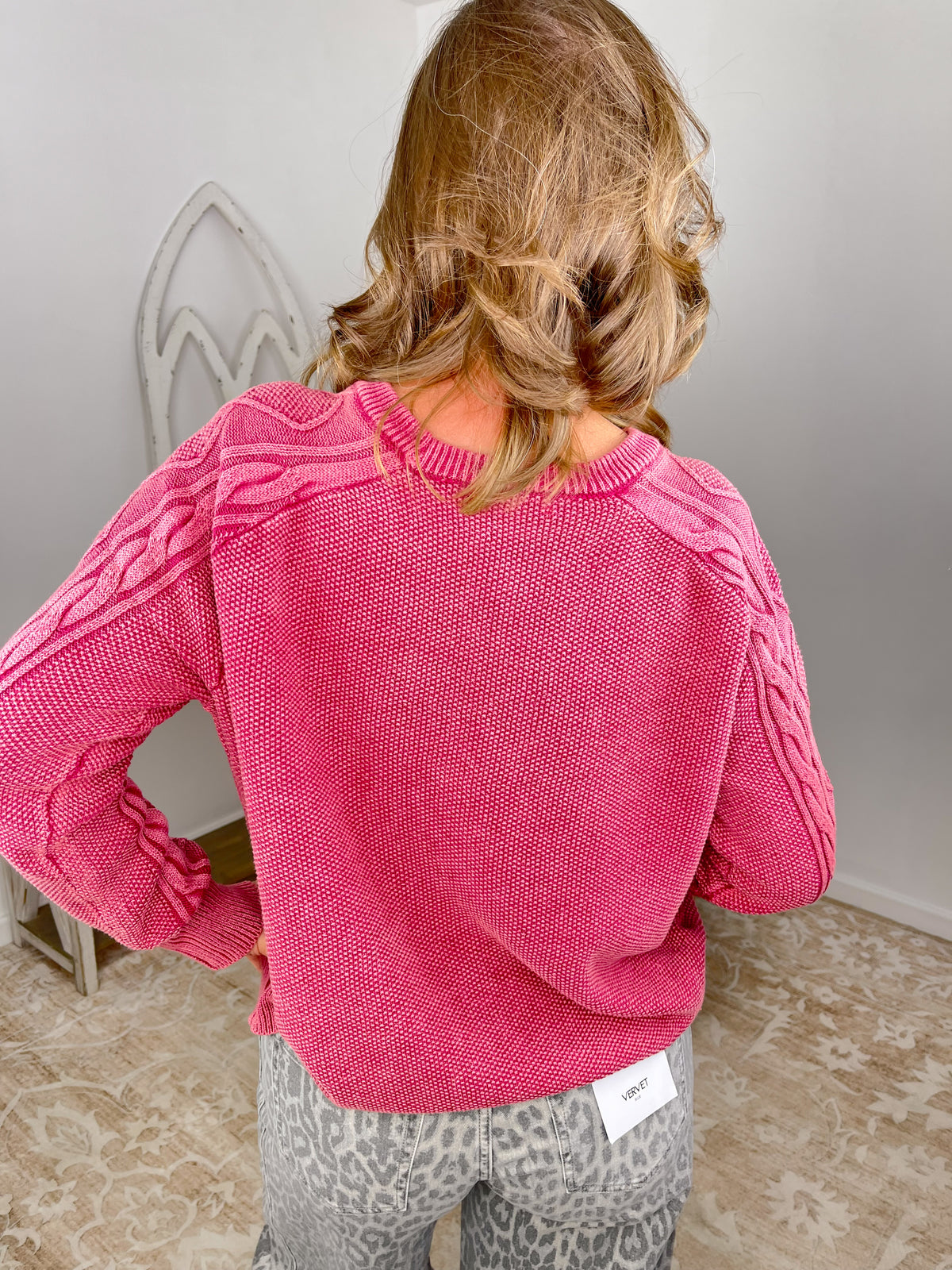Stone Washed Cable Sleeve Crewneck Sweater - Cabernet
