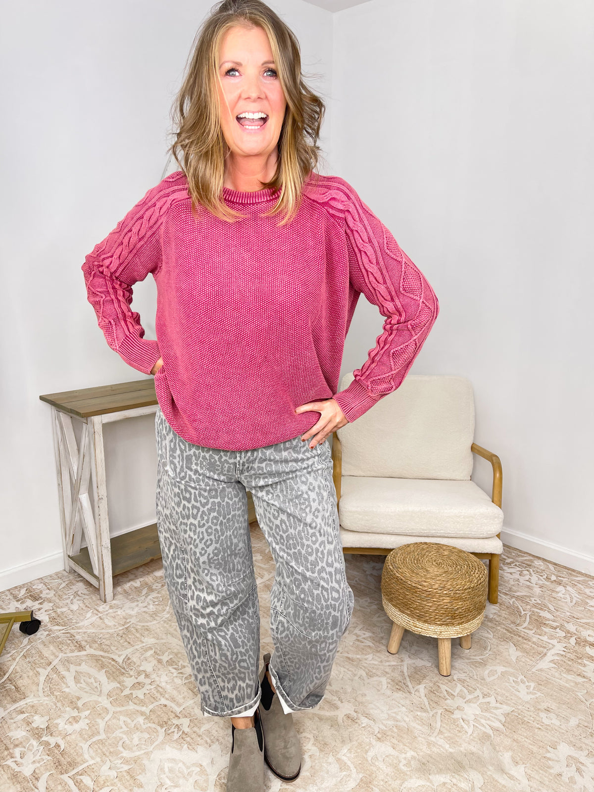 Stone Washed Cable Sleeve Crewneck Sweater - Cabernet