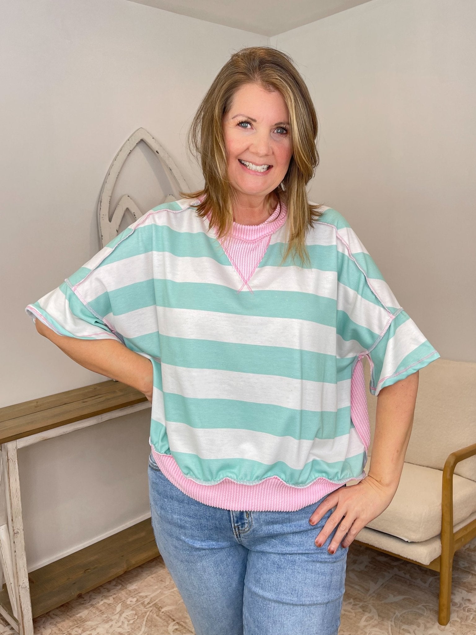 Striped Flutter Sleeve Terry Top - Mint & Blush - Lavender Hills BeautyHapticsHT7477B-MTBL-S