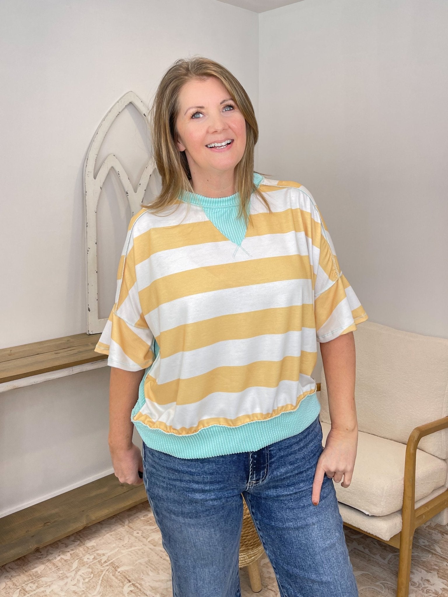 Striped Flutter Sleeve Terry Top - Yellow & Aqua - Lavender Hills BeautyHapticsHT7477B-BYAQ-S
