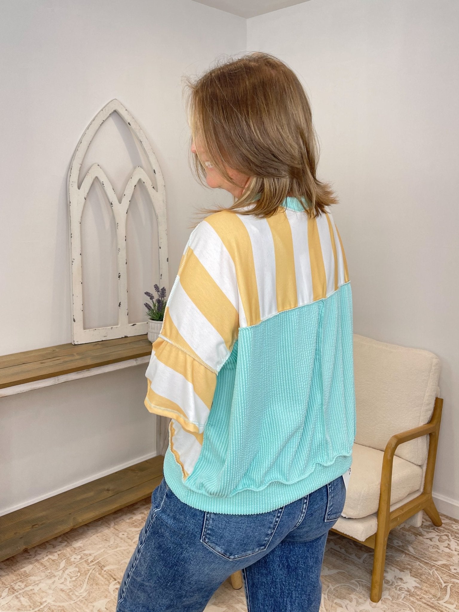 Striped Flutter Sleeve Terry Top - Yellow & Aqua - Lavender Hills BeautyHapticsHT7477B-BYAQ-S