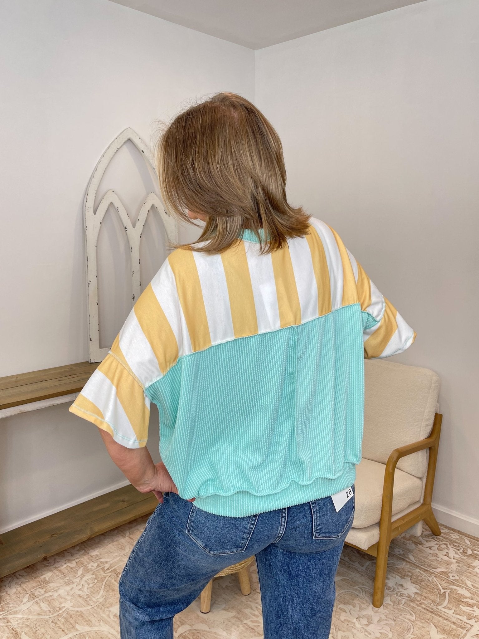 Striped Flutter Sleeve Terry Top - Yellow & Aqua - Lavender Hills BeautyHapticsHT7477B-BYAQ-S