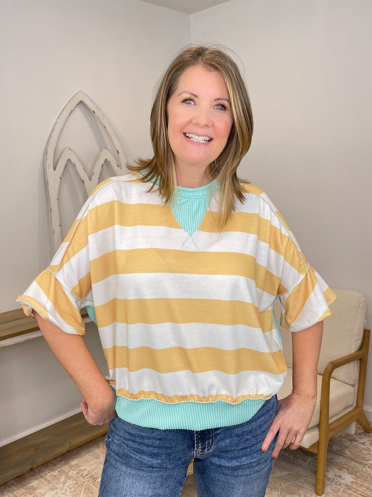 Striped Flutter Sleeve Terry Top - Yellow & Aqua