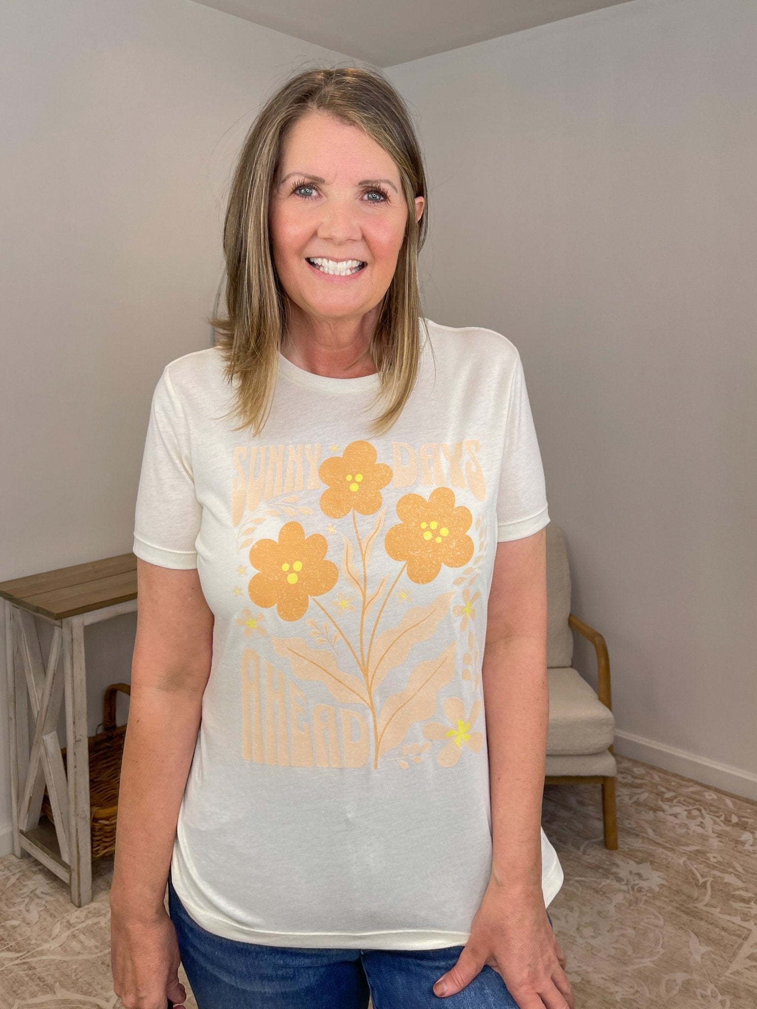 Sunny Days Ahead Retro Floral Graphic Tee | Soft Women's Shirt - Lavender HillsTallulah Bee ApparelSUNDYS-S
