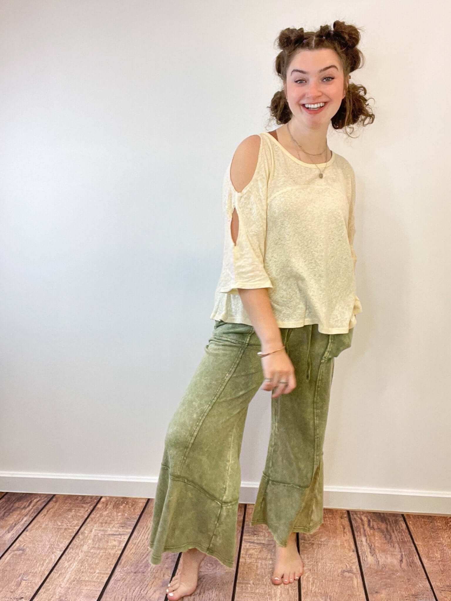 Easy Days Cropped Mineral Wash Wide Leg Flared Lounge Pants - Lavender Hills BeautyZenanaTPW - 5253Y - 2