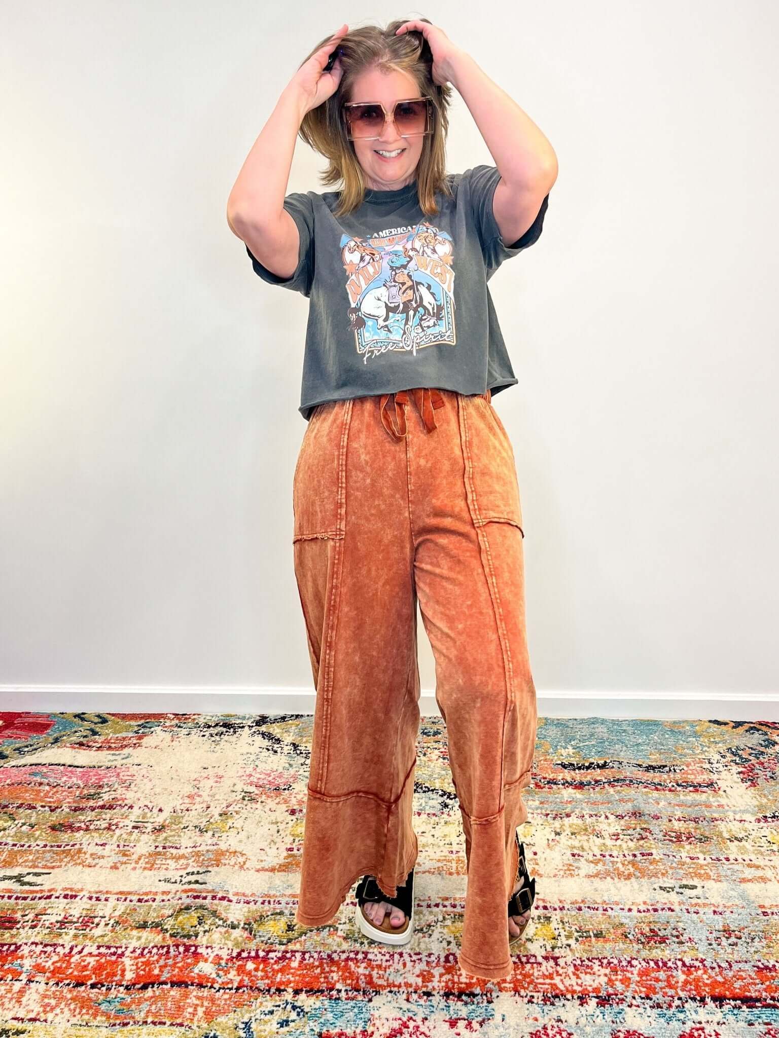 Easy Days Cropped Mineral Wash Wide Leg Flared Lounge Pants - Lavender Hills BeautyZenanaTPW - 5253Y - 2