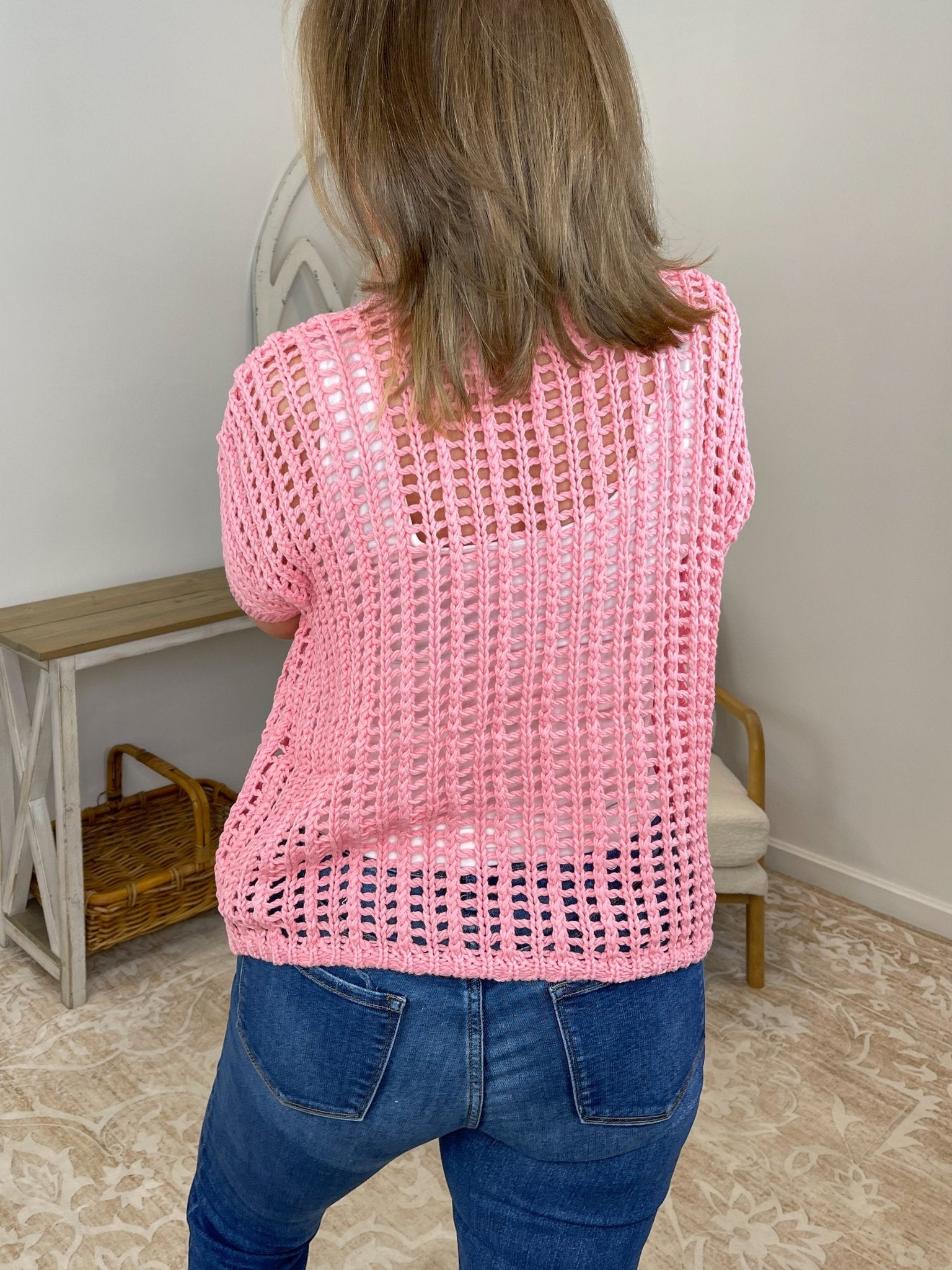 Fishnet Crochet Short Sleeve Sweater – Boho Mesh Knit Top - Lavender HillsZenanaTW-2406A-PNK-SM